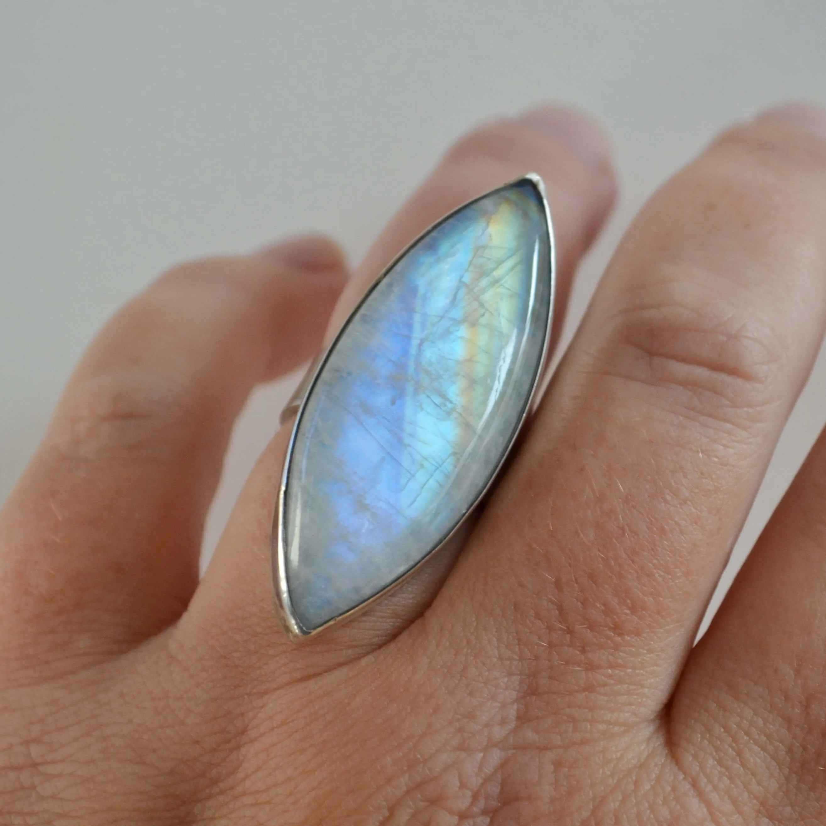 Marquise Rainbow Moonstone Sterling Silver Ring, One of a Kind