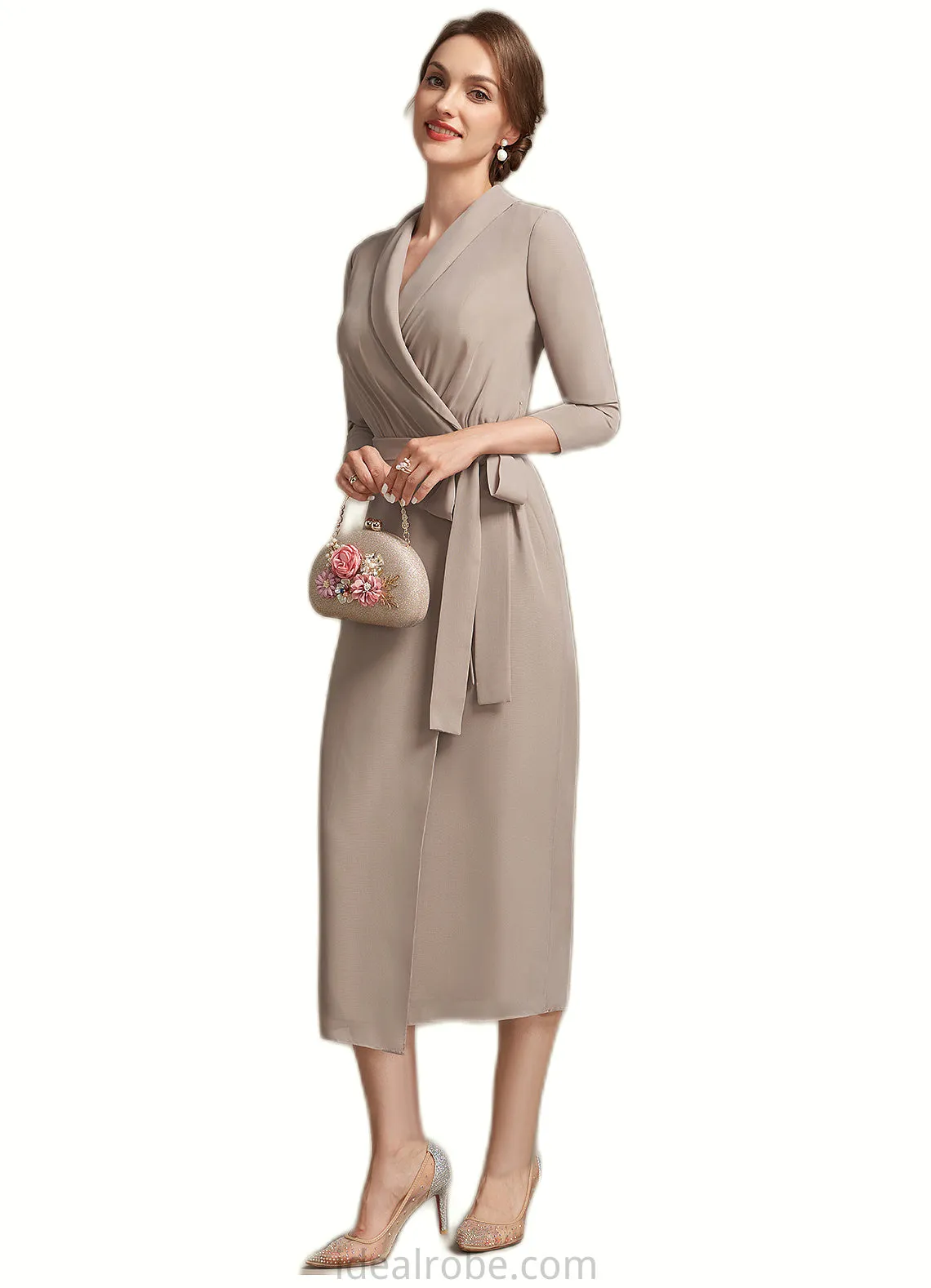 Melany Sheath/Column V-neck Tea-Length Chiffon Mother of the Bride Dress With Bow(s) STK126P0014891