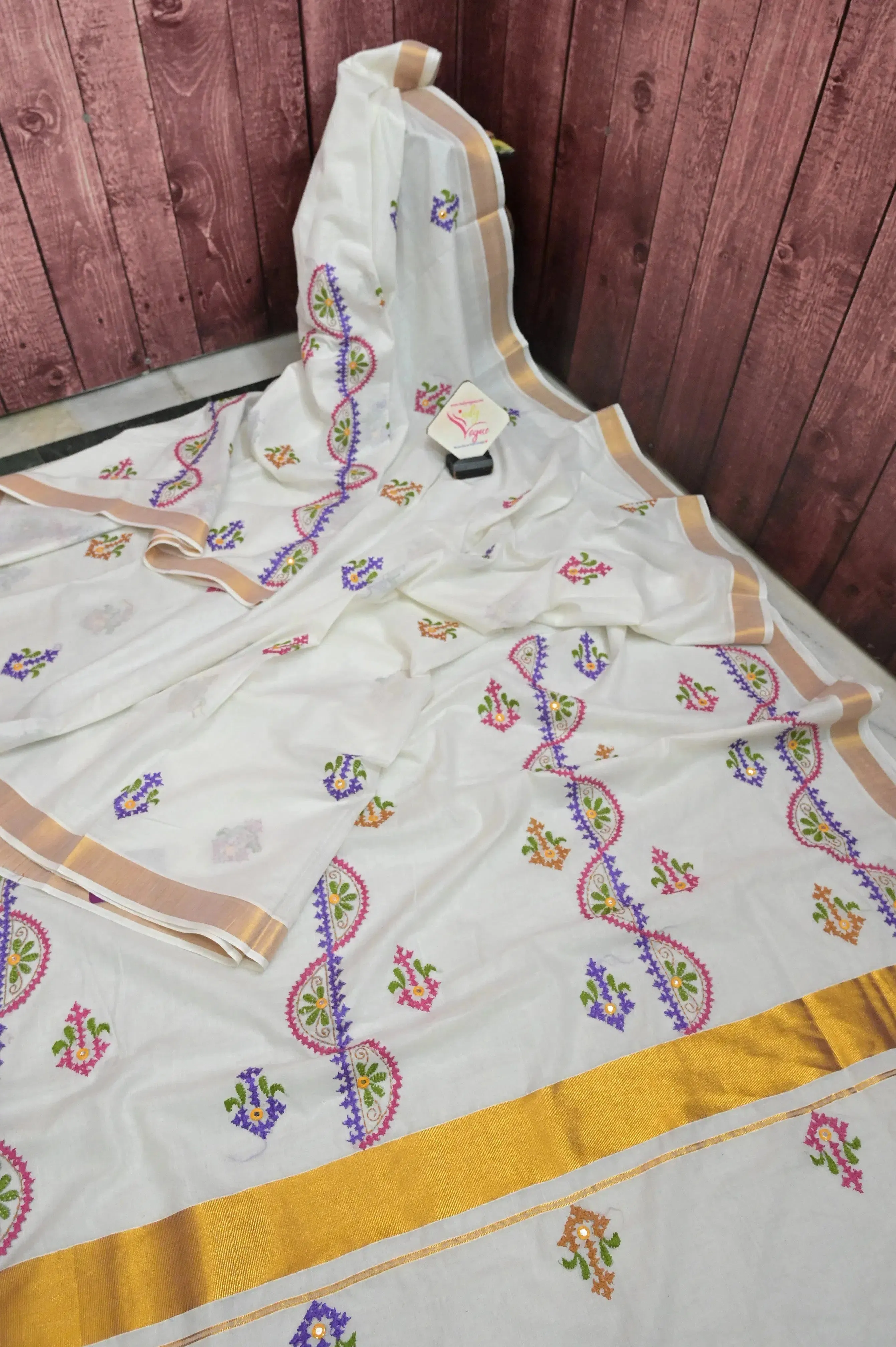 Milk White Color Kerala Cotton Saree with Hand Gujrati Embroidery and Mirror Work