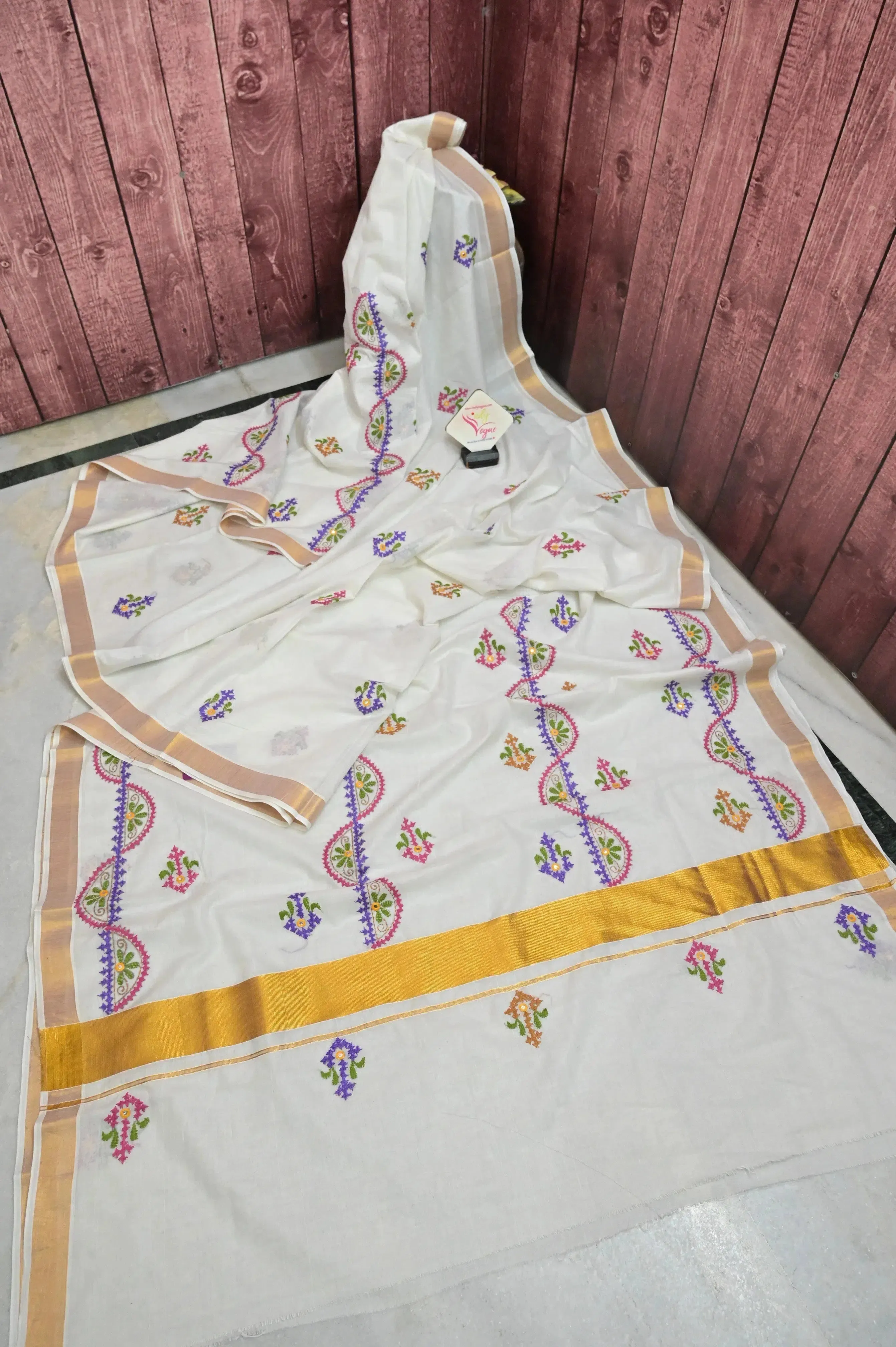 Milk White Color Kerala Cotton Saree with Hand Gujrati Embroidery and Mirror Work