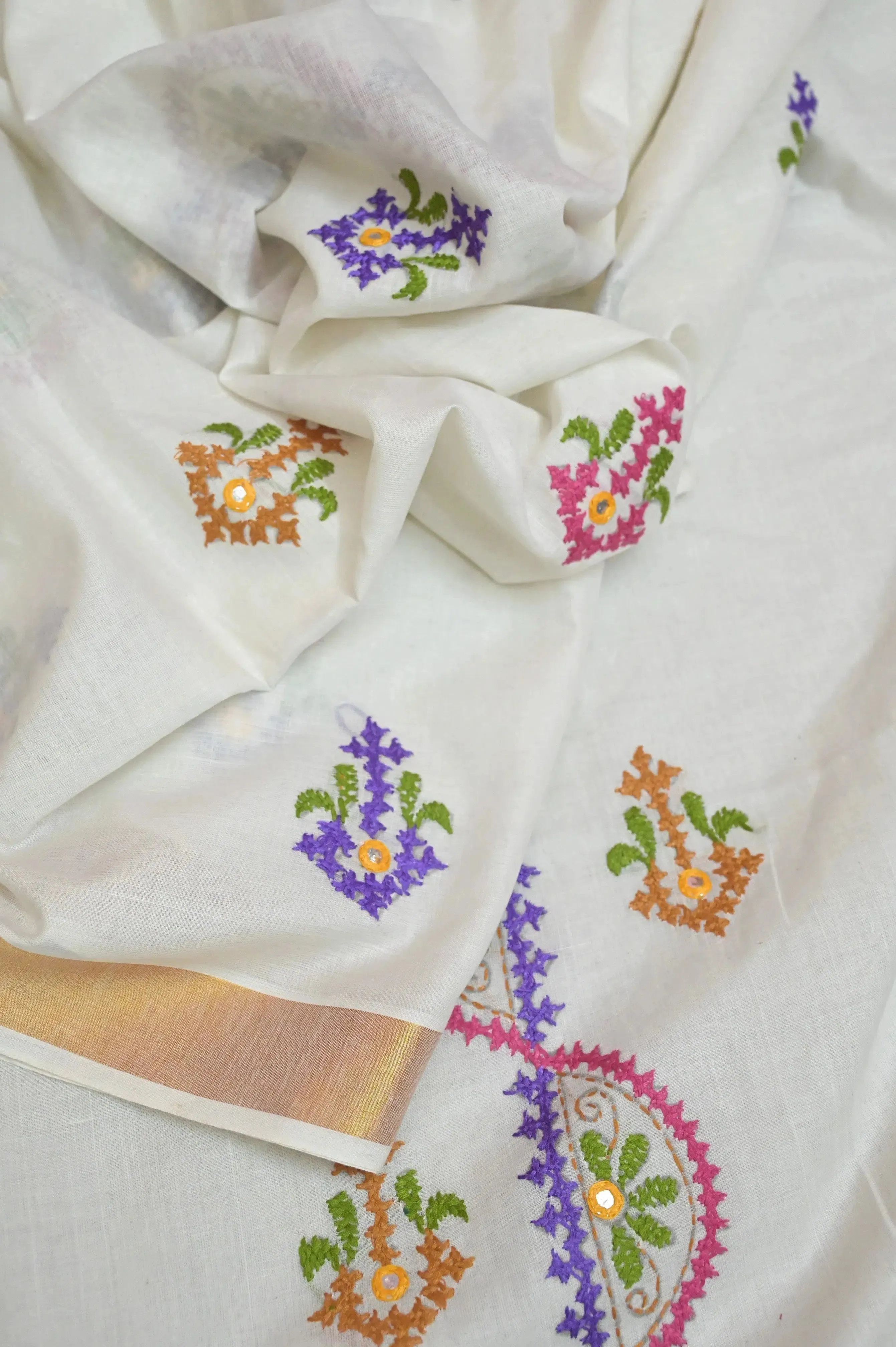 Milk White Color Kerala Cotton Saree with Hand Gujrati Embroidery and Mirror Work