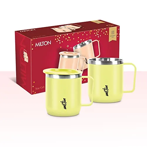 MILTON Star Gift Set, Double Walled Stainless Steel Mug with Lid, Set of 2, 285 ml Each, Yellow