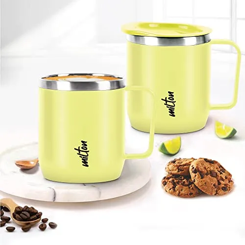 MILTON Star Gift Set, Double Walled Stainless Steel Mug with Lid, Set of 2, 285 ml Each, Yellow