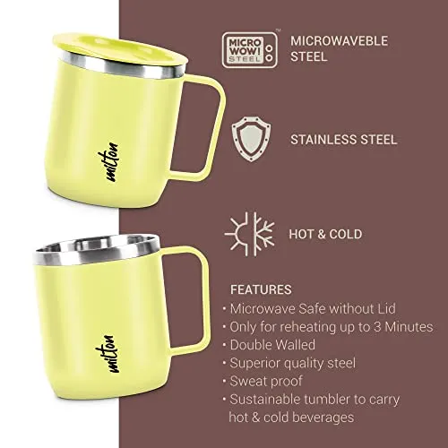 MILTON Star Gift Set, Double Walled Stainless Steel Mug with Lid, Set of 2, 285 ml Each, Yellow