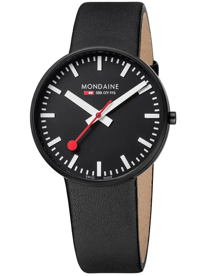 Mondaine Mens Giant - Black IP Steel Case & Dial - Black Strap - White Accents