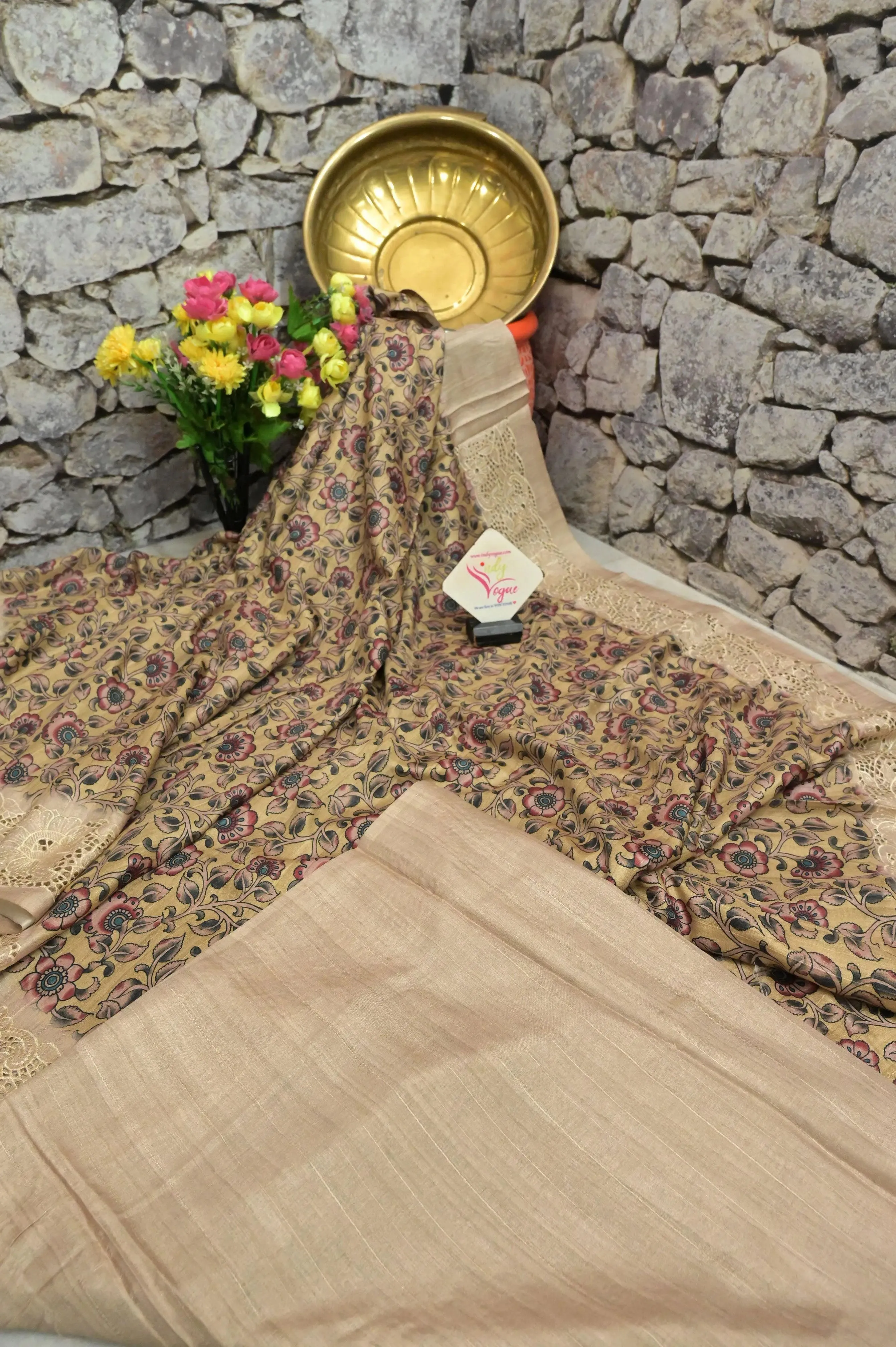 Mustard Yellow Color Bhagalpuri Silk Saree with Kalamkari Print and Embroidery Work with Cut Work