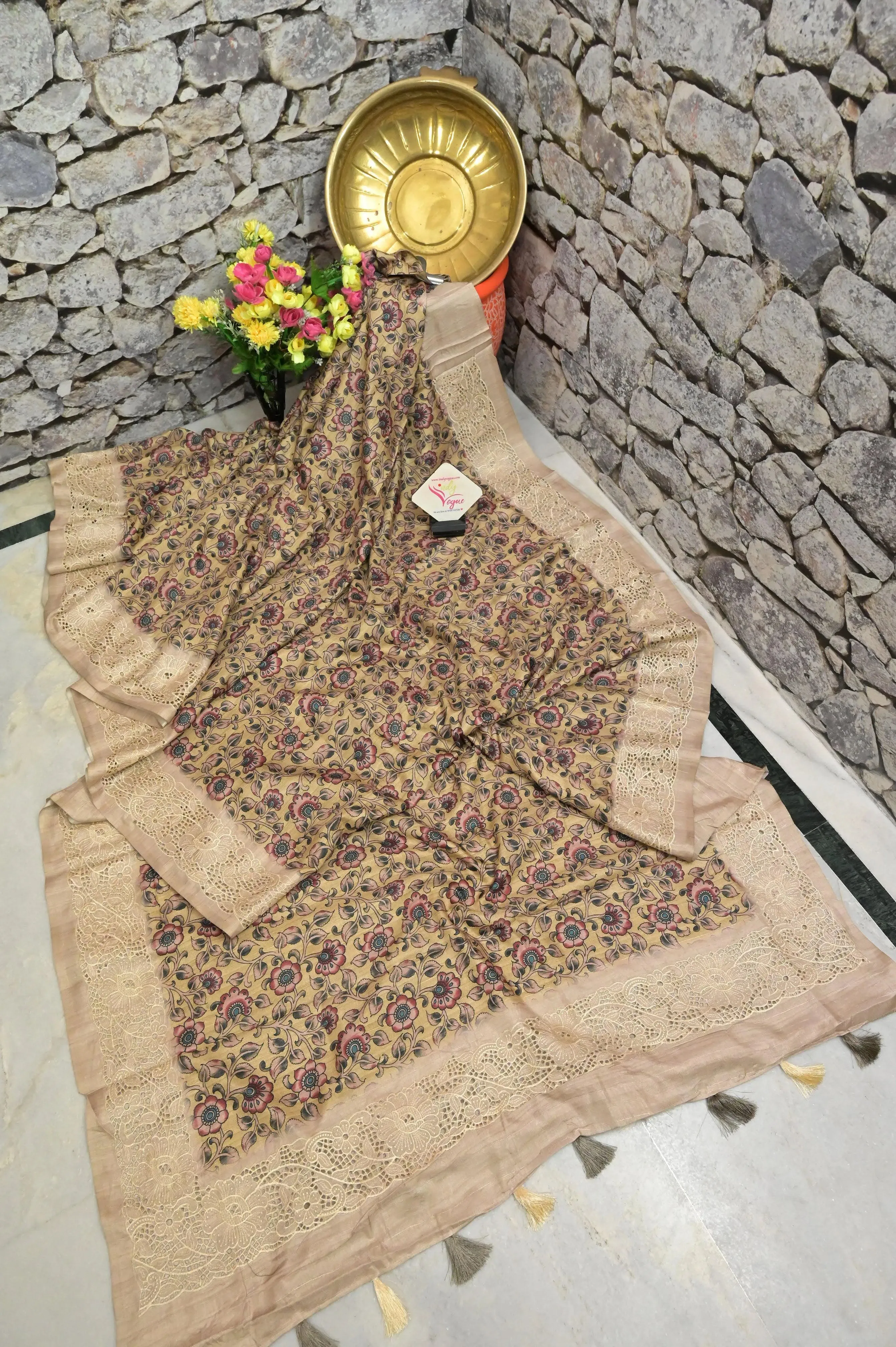 Mustard Yellow Color Bhagalpuri Silk Saree with Kalamkari Print and Embroidery Work with Cut Work