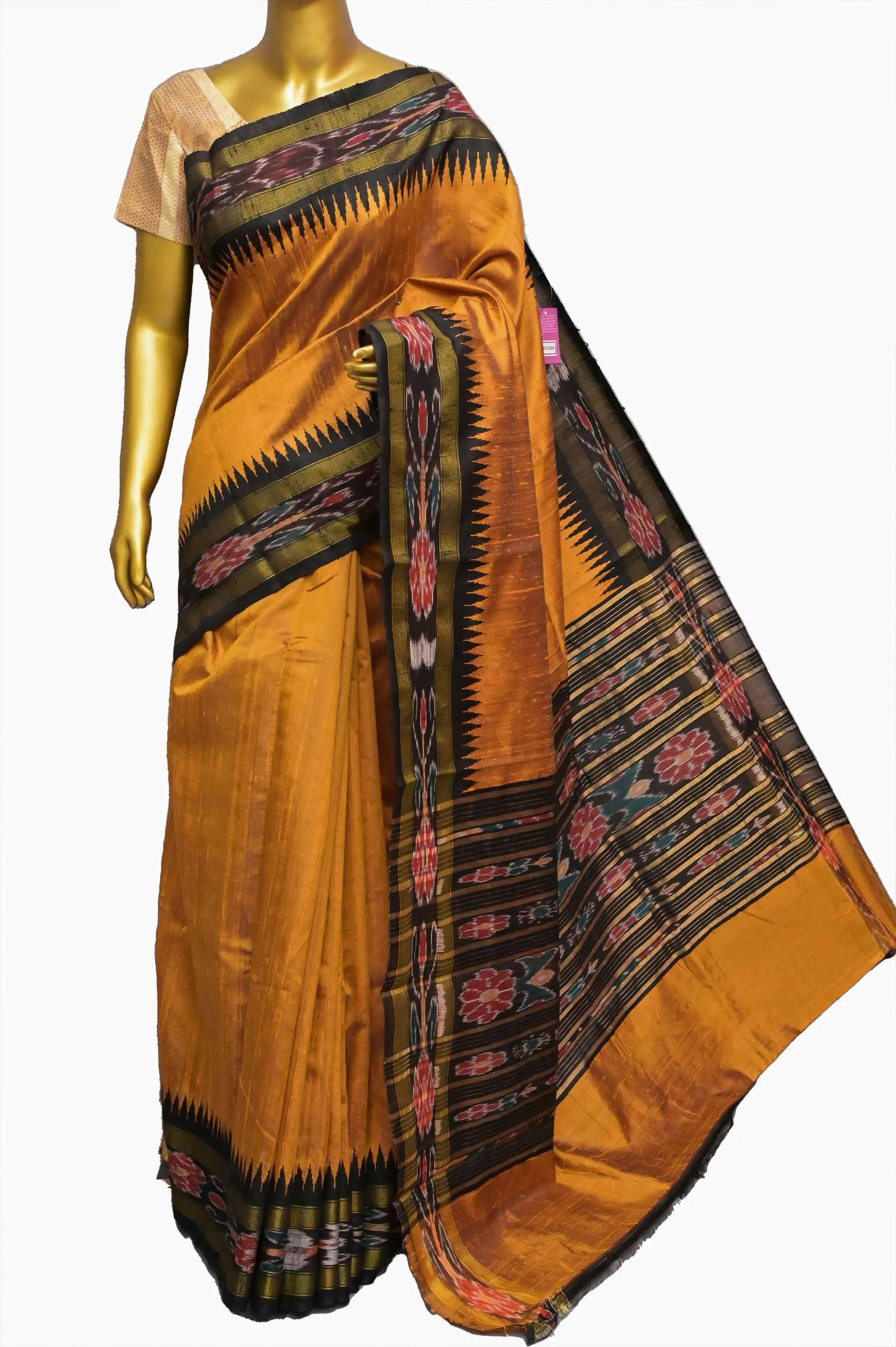 Mustard Yellow Color Pure Raw Silk Saree with Ikkat Border and Pallu