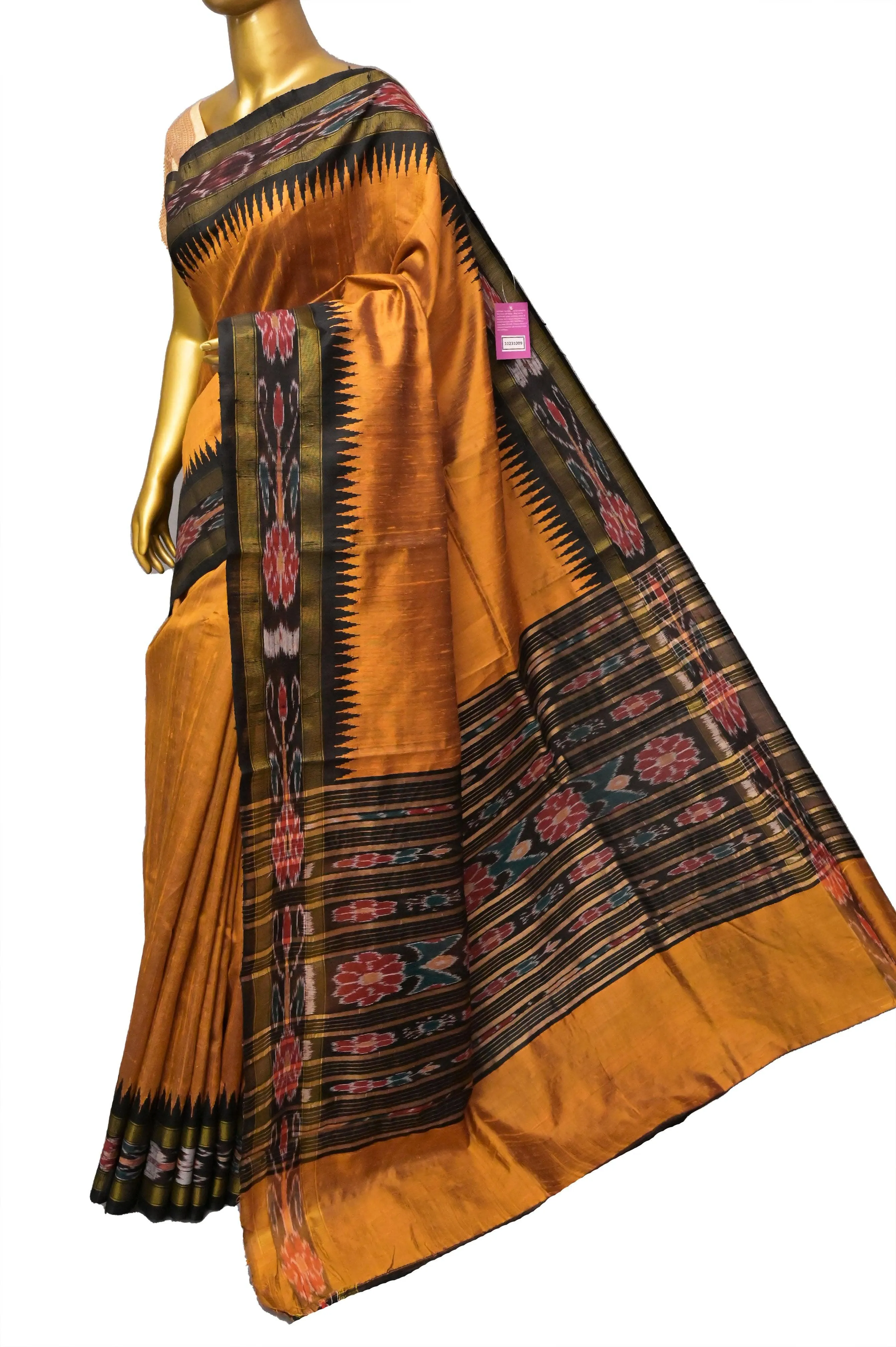 Mustard Yellow Color Pure Raw Silk Saree with Ikkat Border and Pallu