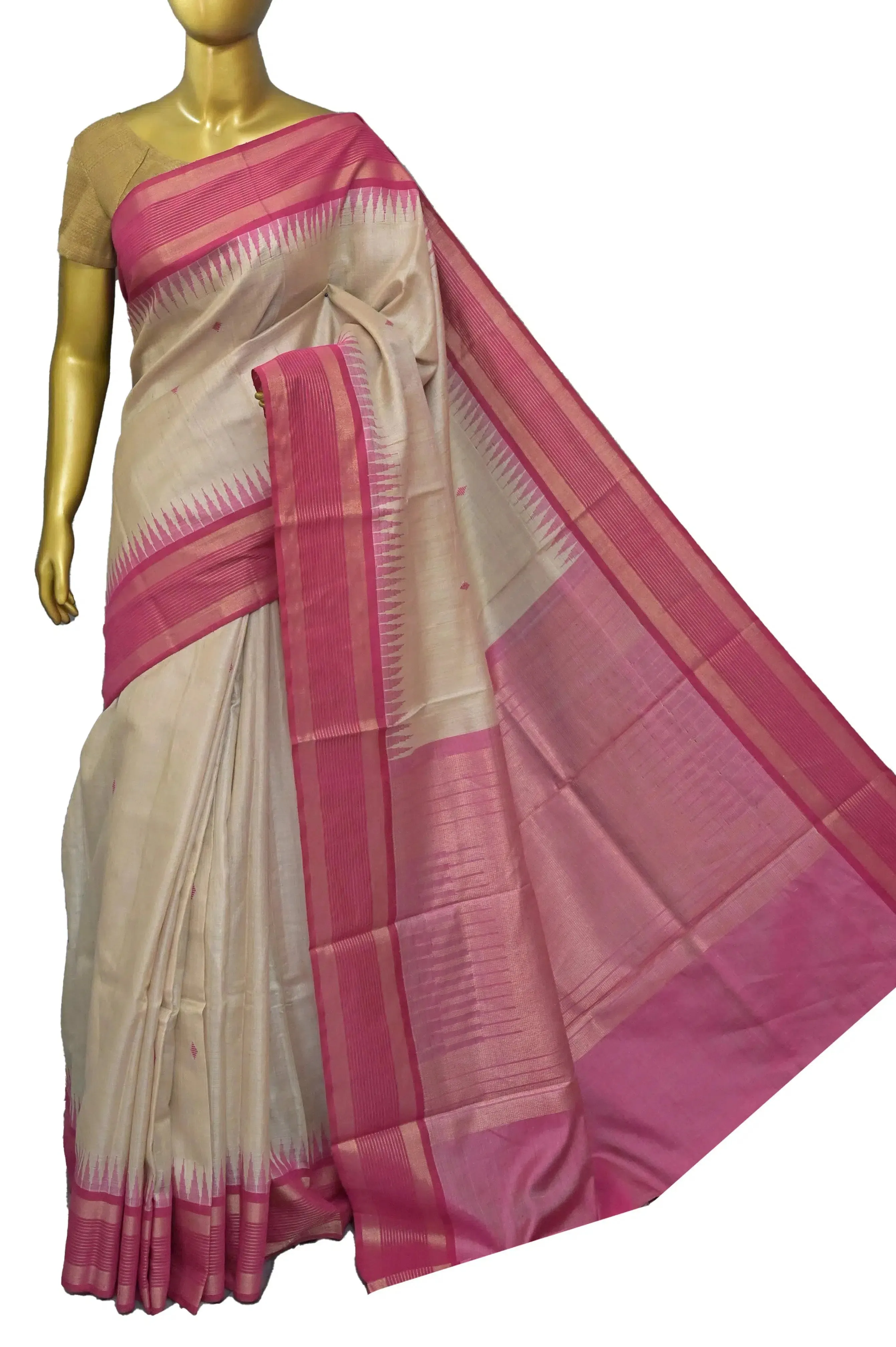 Natural Hay and Magenta Pink Color Pure Raw Silk Saree with Temple Border and Buti Work