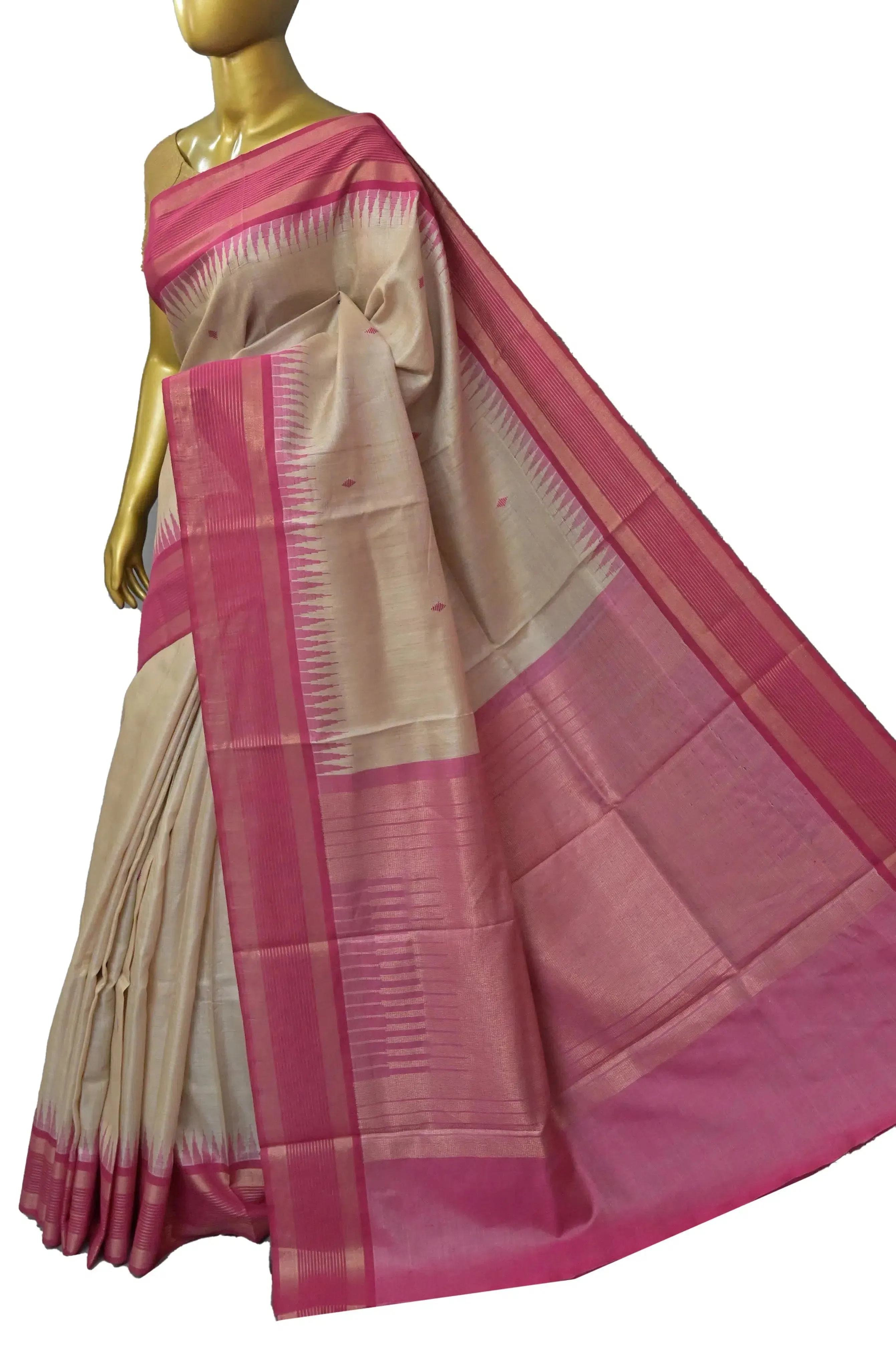 Natural Hay and Magenta Pink Color Pure Raw Silk Saree with Temple Border and Buti Work