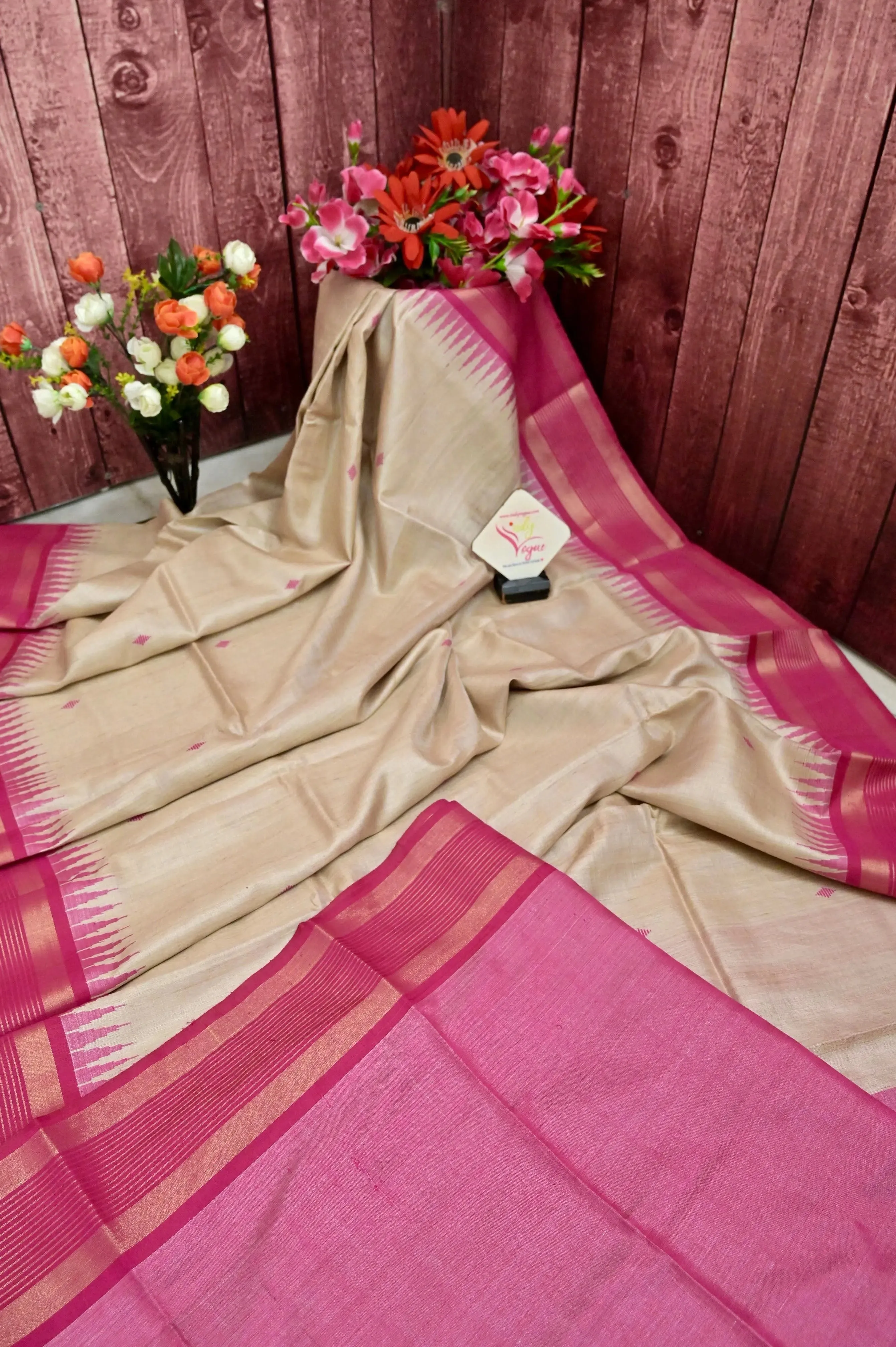 Natural Hay and Magenta Pink Color Pure Raw Silk Saree with Temple Border and Buti Work