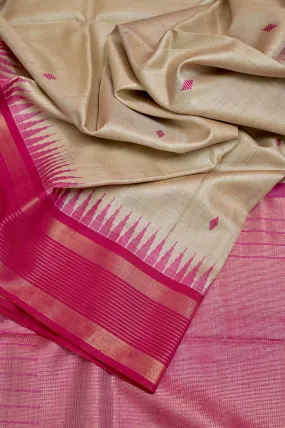 Natural Hay and Magenta Pink Color Pure Raw Silk Saree with Temple Border and Buti Work