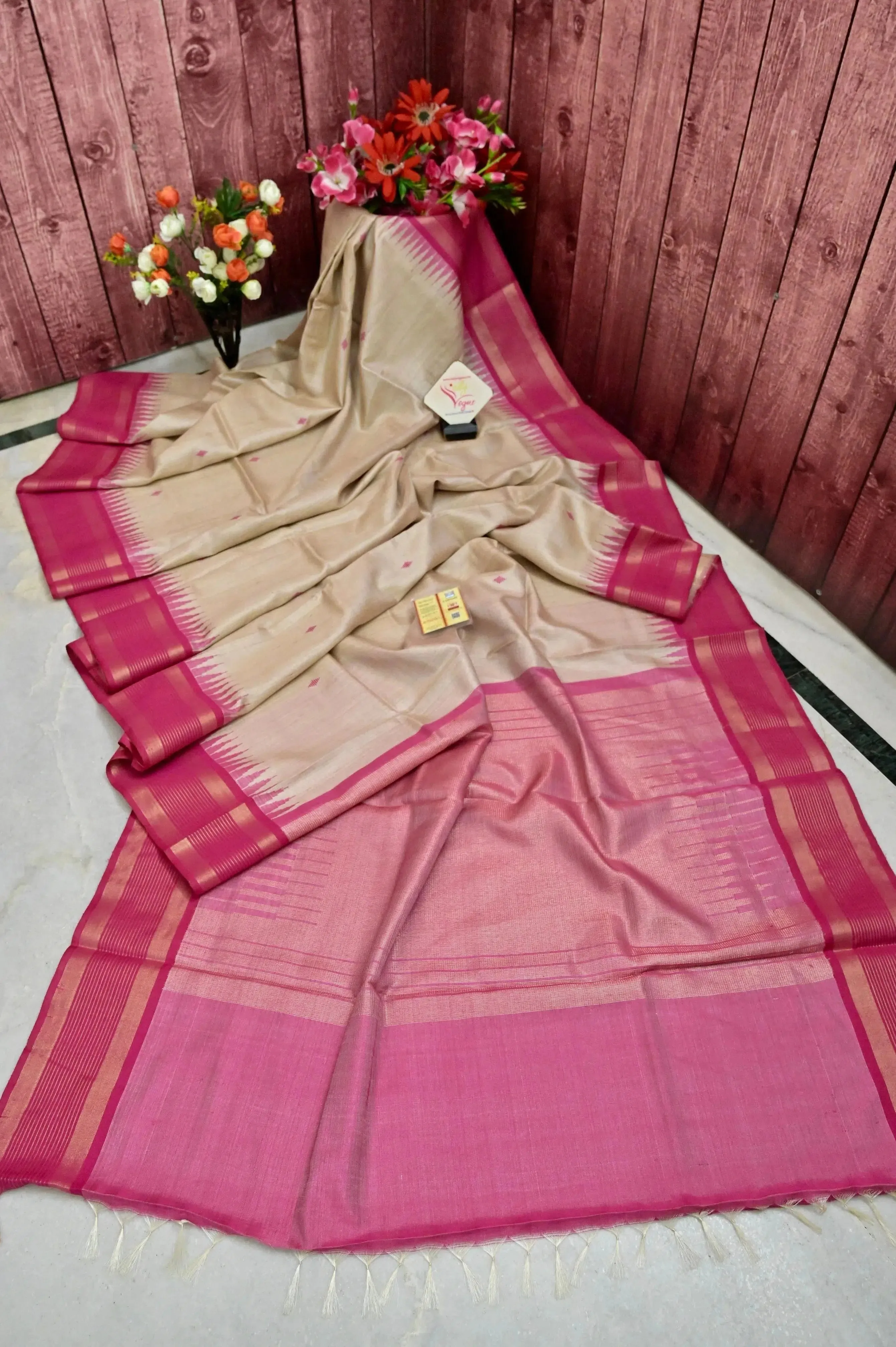 Natural Hay and Magenta Pink Color Pure Raw Silk Saree with Temple Border and Buti Work