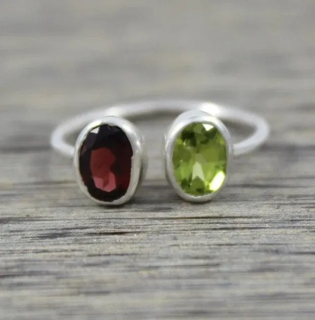 Natural Multi Gemstone 925 Sterling Silver Ring, Garnet, Peridot Gemstone, Handmade Jewelry, Gift for Her