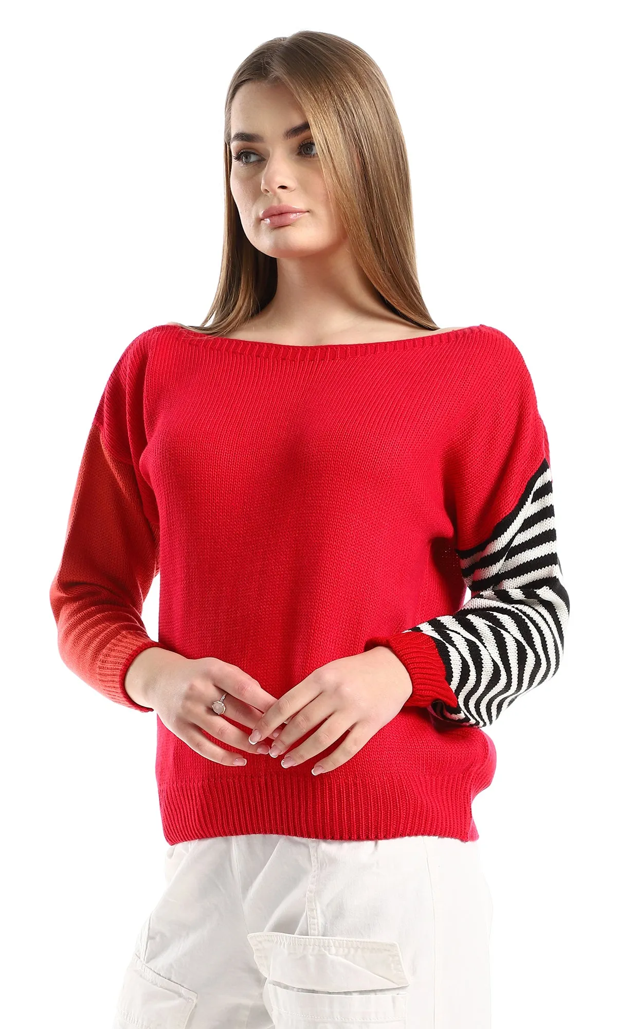 O160330 Long Sleeves Slip On Boat Neck Pullover - Fuchsia, Black & White