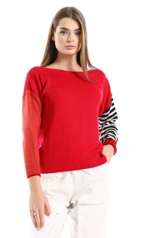 O160330 Long Sleeves Slip On Boat Neck Pullover - Fuchsia, Black & White