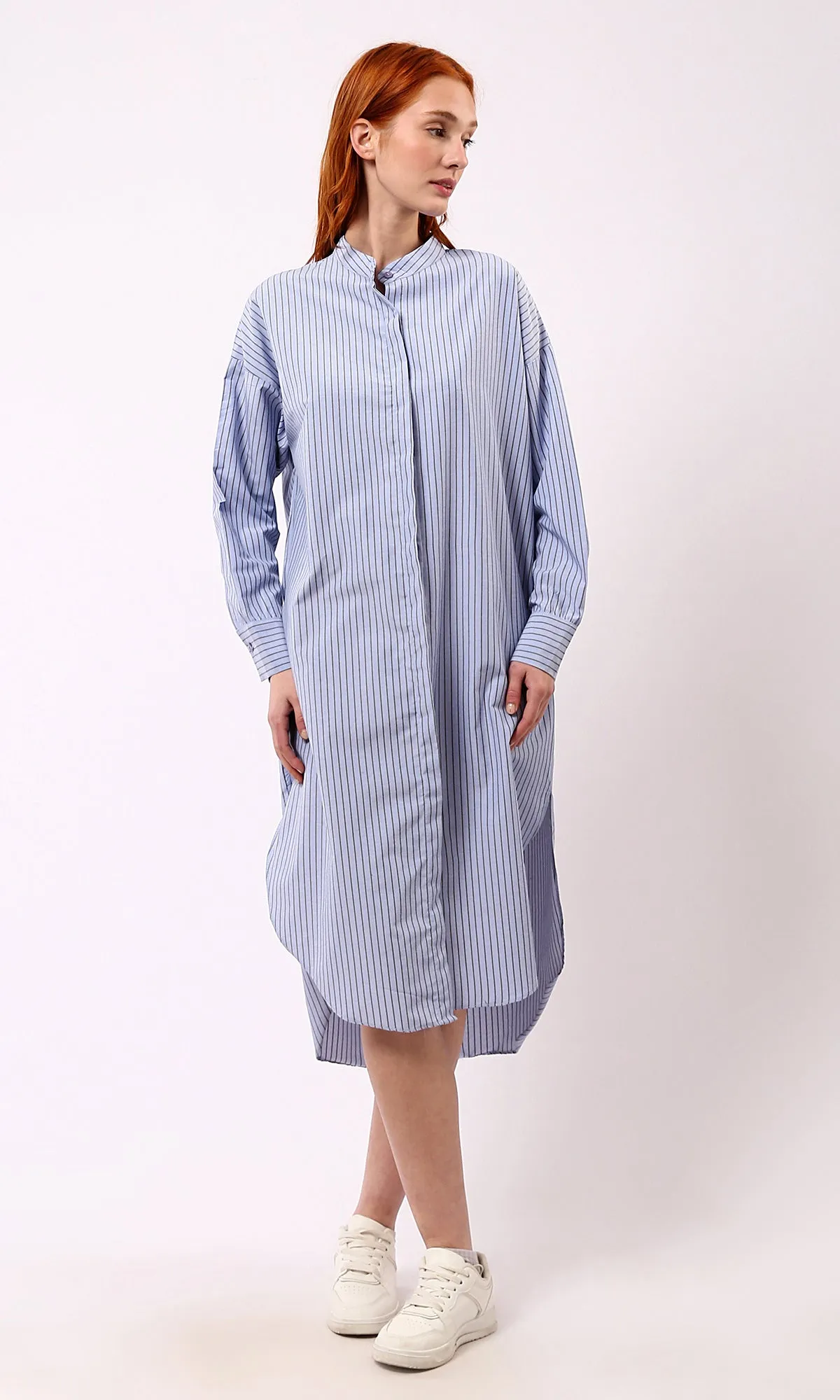 O179190 Light Blue Striped Shirt Dress With Mandarin Collar