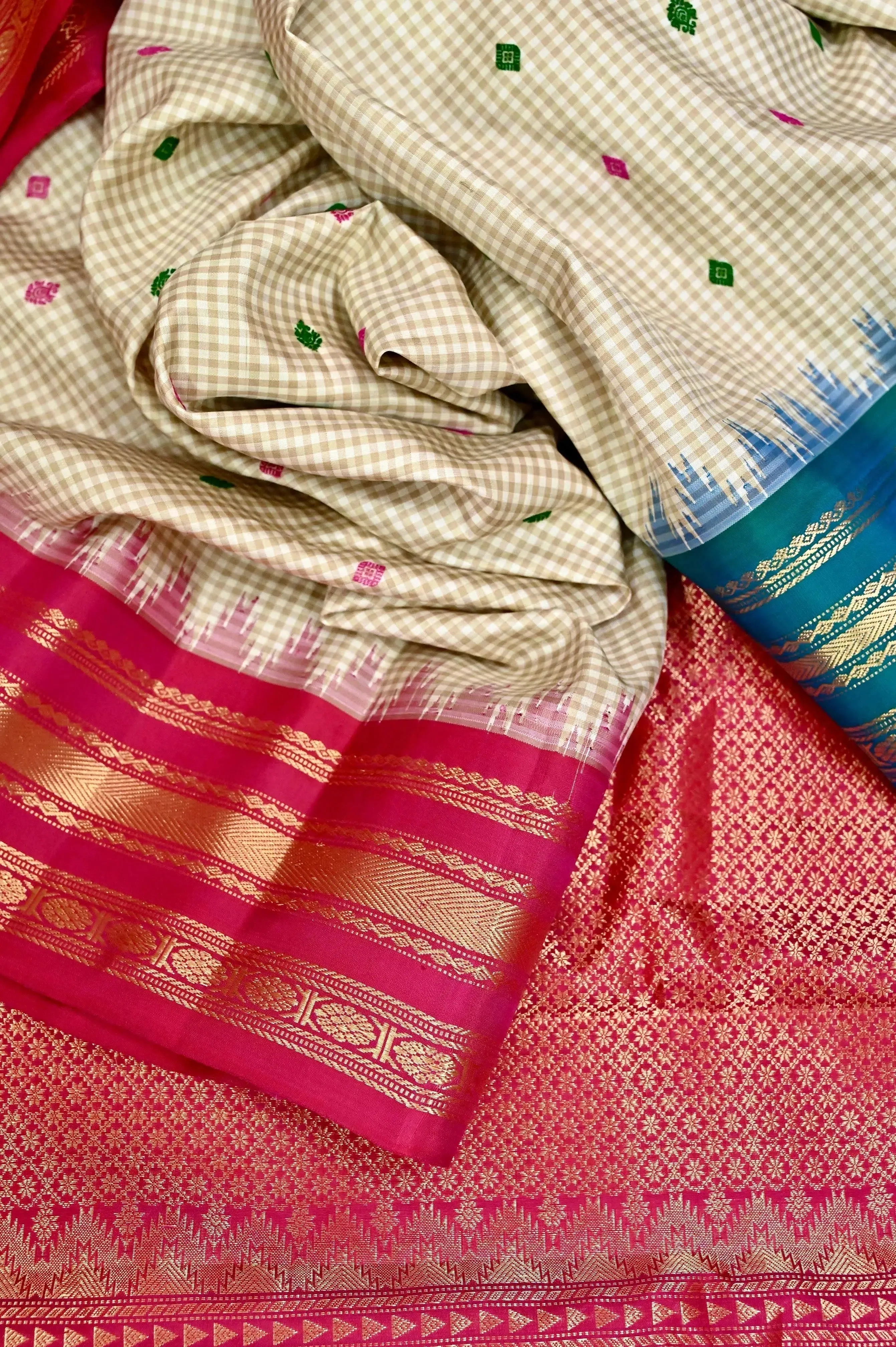 Offwhite Color Pure Gadwal Silk Saree with Allover Checks and Meenakari Work with Ganga Jamuna Border