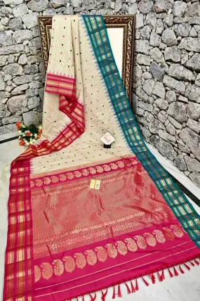 Offwhite Color Pure Gadwal Silk Saree with Allover Checks and Meenakari Work with Ganga Jamuna Border