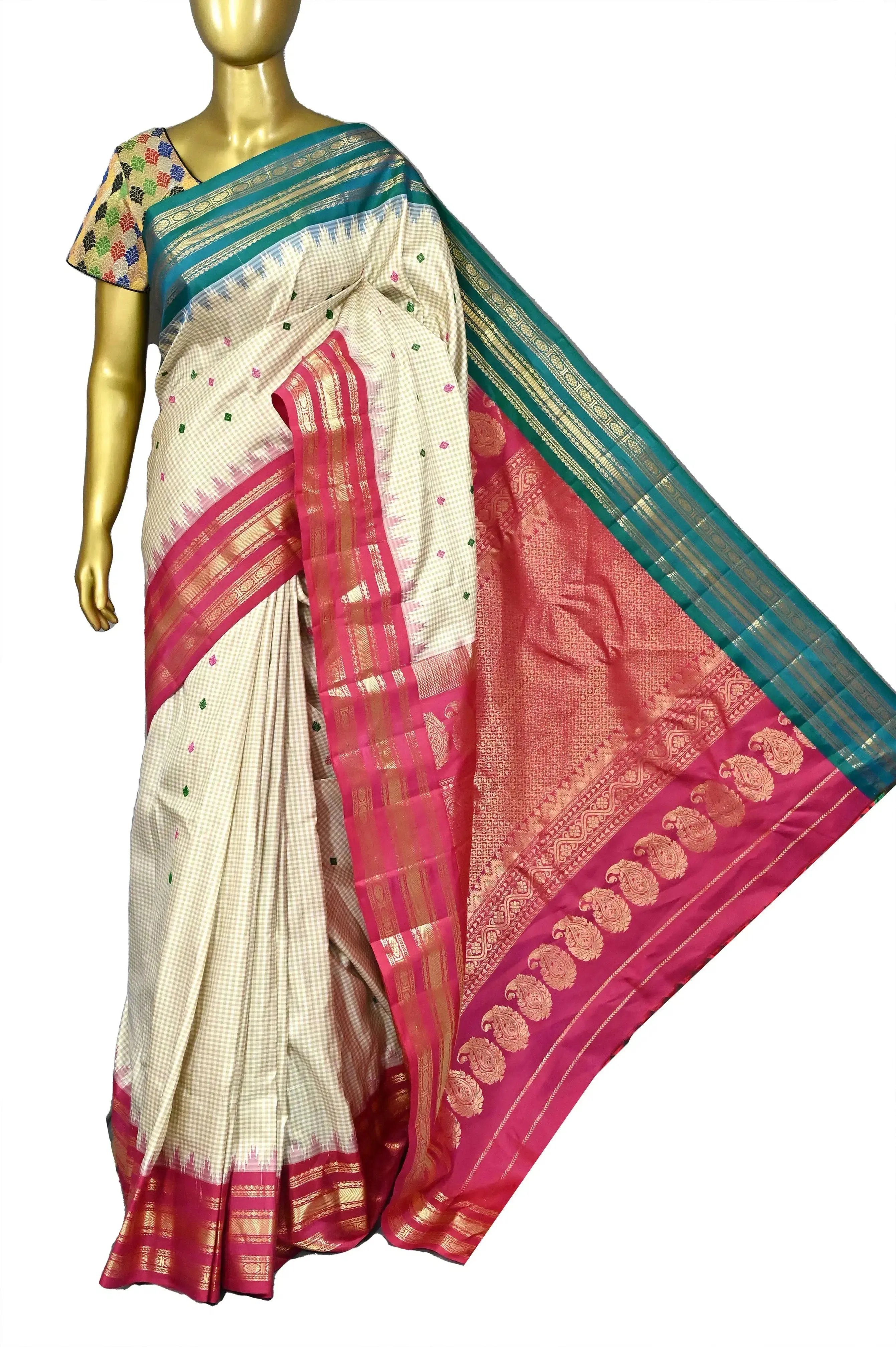 Offwhite Color Pure Gadwal Silk Saree with Allover Checks and Meenakari Work with Ganga Jamuna Border