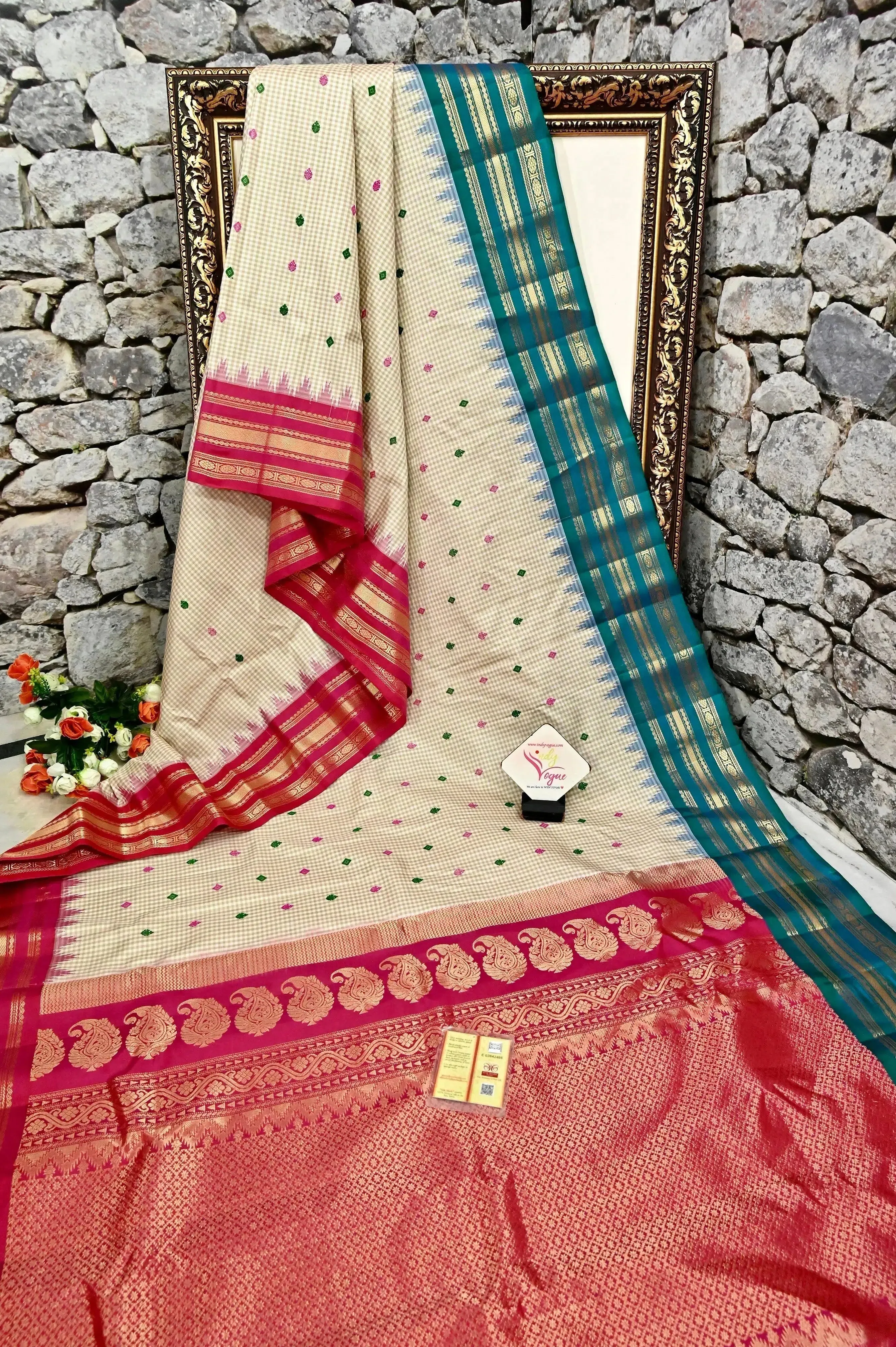 Offwhite Color Pure Gadwal Silk Saree with Allover Checks and Meenakari Work with Ganga Jamuna Border