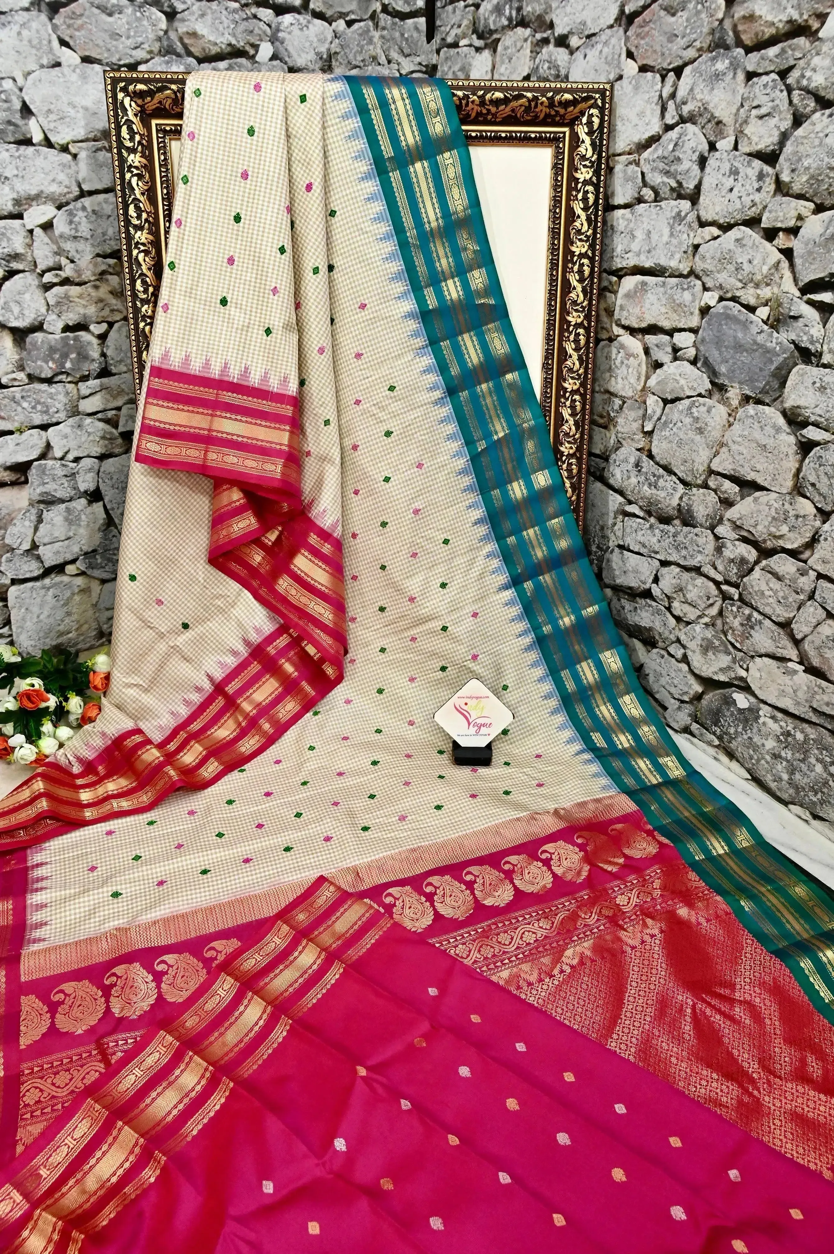 Offwhite Color Pure Gadwal Silk Saree with Allover Checks and Meenakari Work with Ganga Jamuna Border