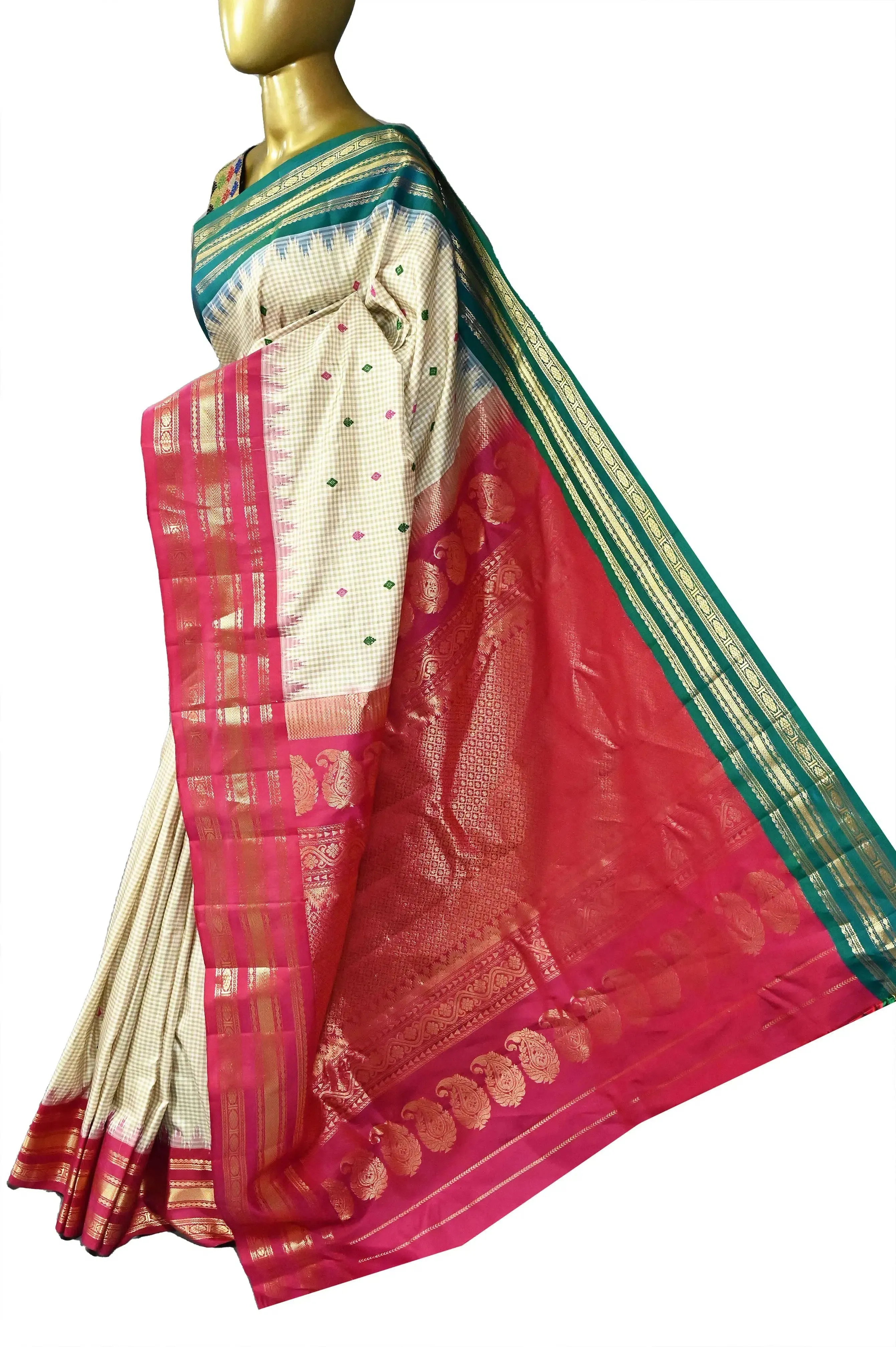 Offwhite Color Pure Gadwal Silk Saree with Allover Checks and Meenakari Work with Ganga Jamuna Border