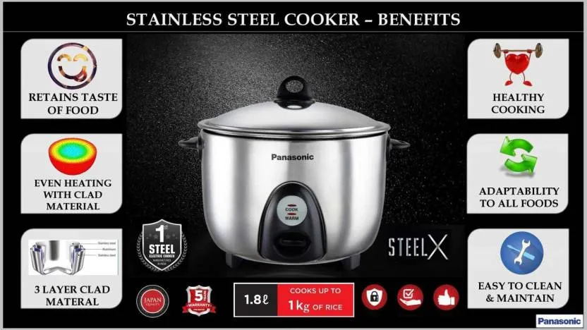 Panasonic Electric Rice Cooker SR-G18 (SUS), 1.8 Litre, With Triply Steel Inner Container