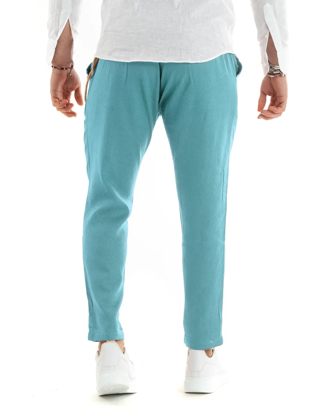 Pantaloni Uomo In Lino Tasca America Classico Sartoriale Comodo Casual Tinta Unita Azzurro GIOSAL-P5803A