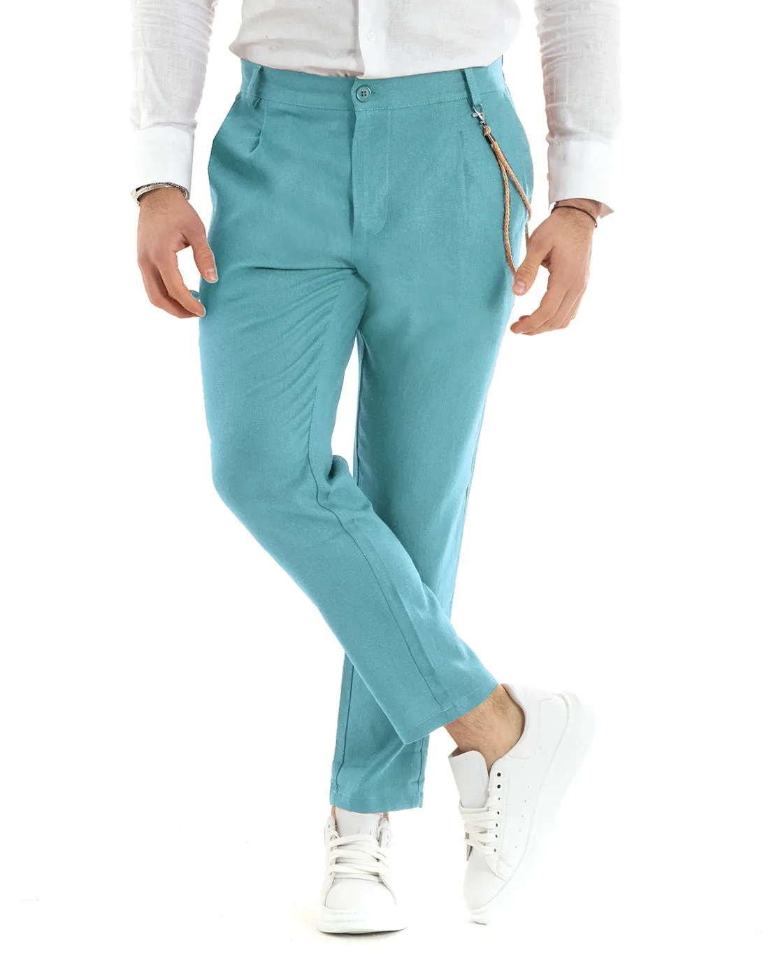 Pantaloni Uomo In Lino Tasca America Classico Sartoriale Comodo Casual Tinta Unita Azzurro GIOSAL-P5803A