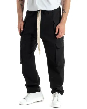 Pantaloni Uomo Pantalaccio Con Tasconi Cargo Baggy Nero Coulisse Fondo Largo GIOSAL-P6006A