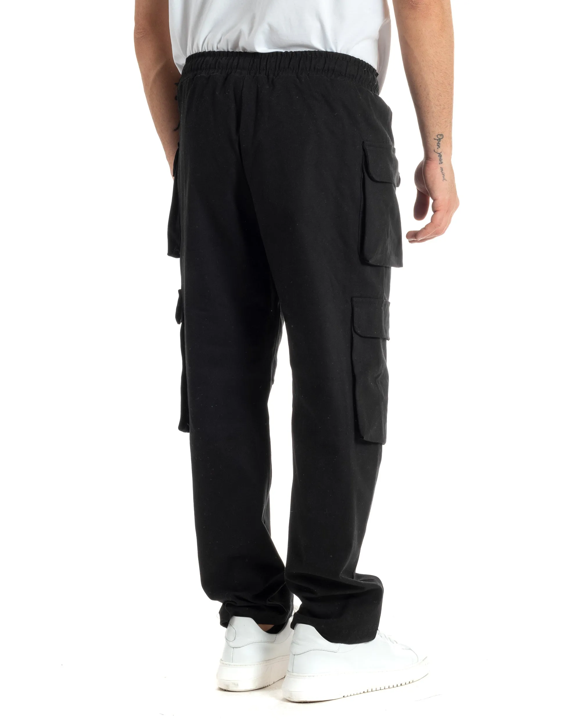 Pantaloni Uomo Pantalaccio Con Tasconi Cargo Baggy Nero Coulisse Fondo Largo GIOSAL-P6006A