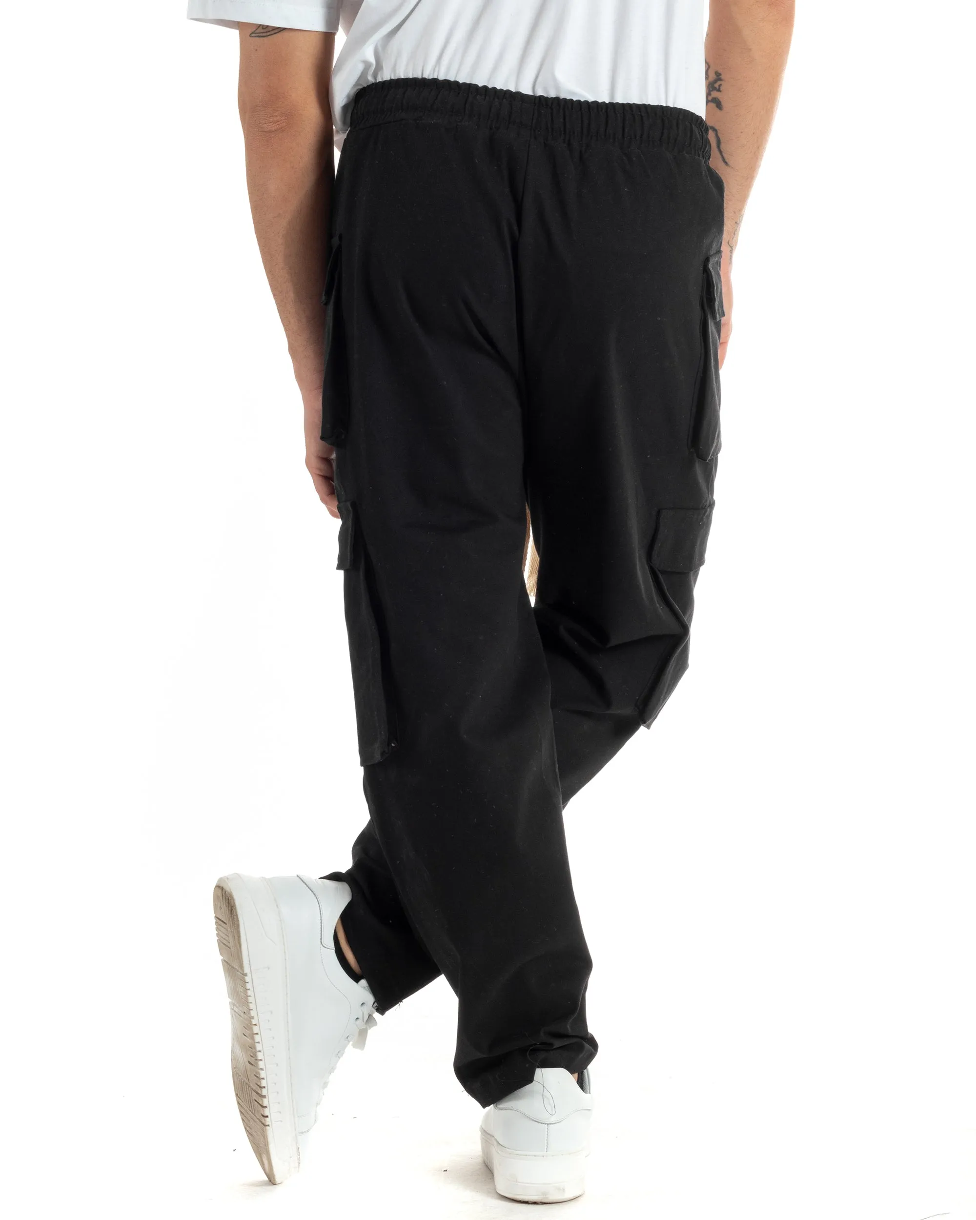 Pantaloni Uomo Pantalaccio Con Tasconi Cargo Baggy Nero Coulisse Fondo Largo GIOSAL-P6006A