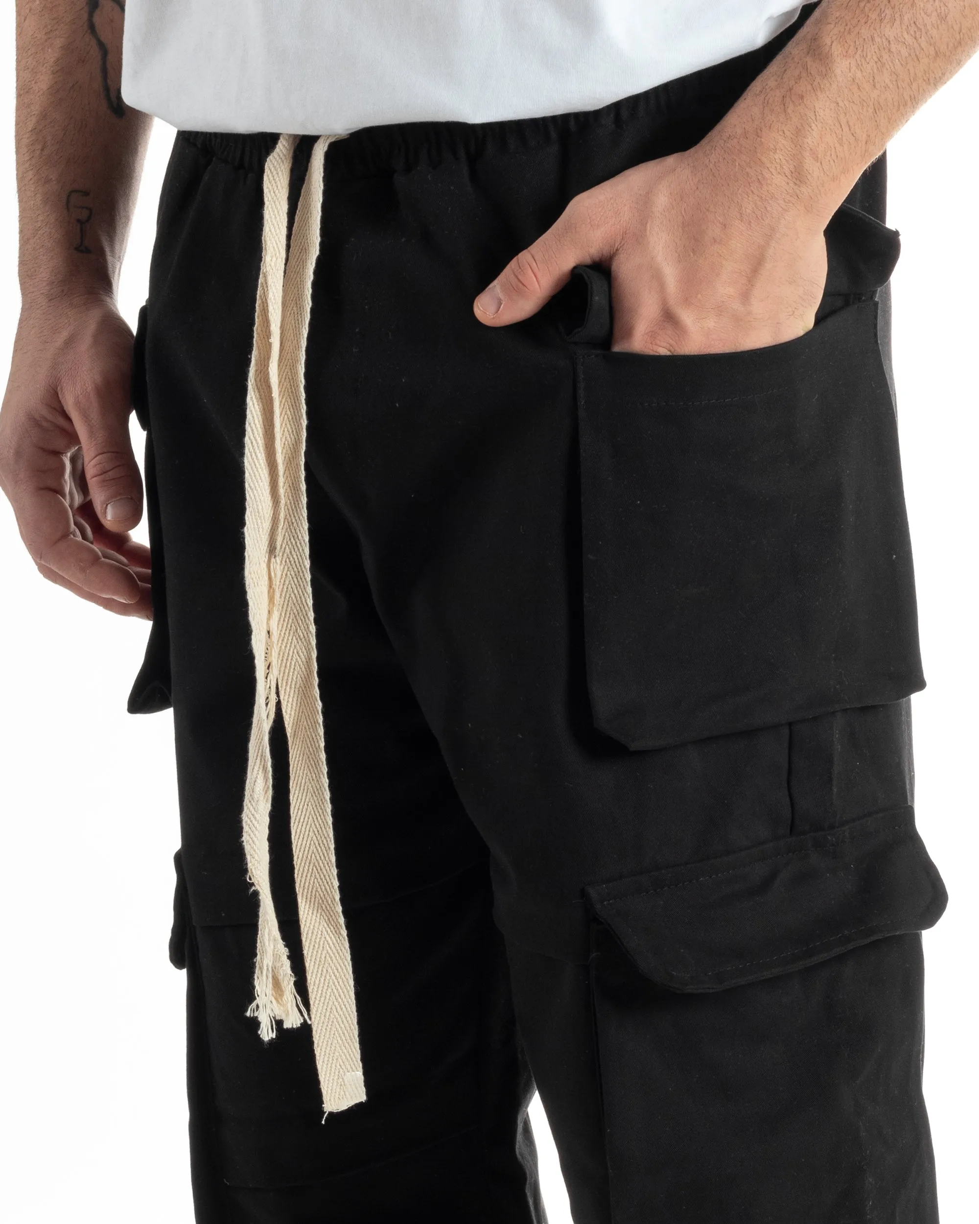 Pantaloni Uomo Pantalaccio Con Tasconi Cargo Baggy Nero Coulisse Fondo Largo GIOSAL-P6006A