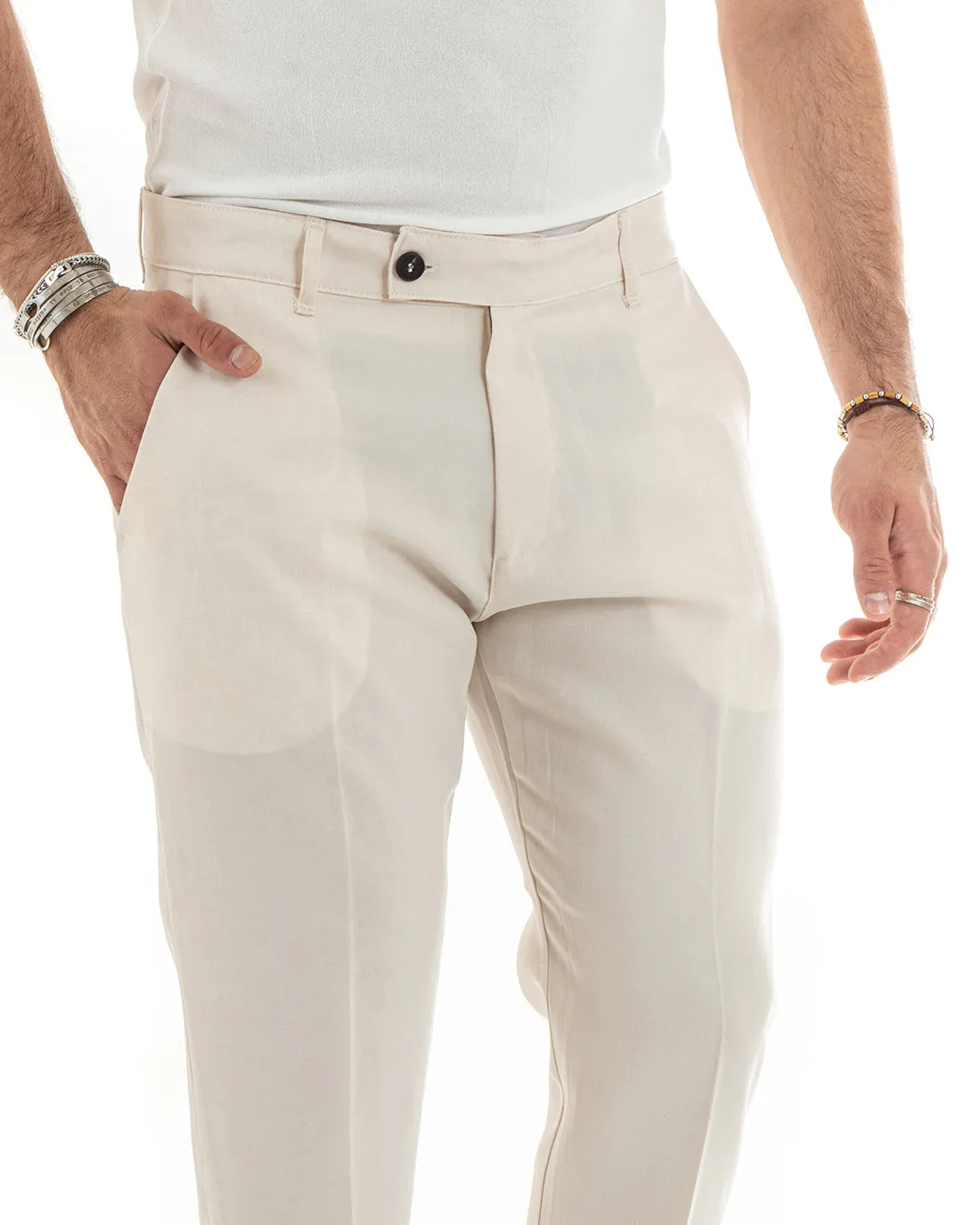 Pantaloni Uomo Tasca America Classico Beige Melangiato Abbottonatura Allungata Casual GIOSAL-P6050A