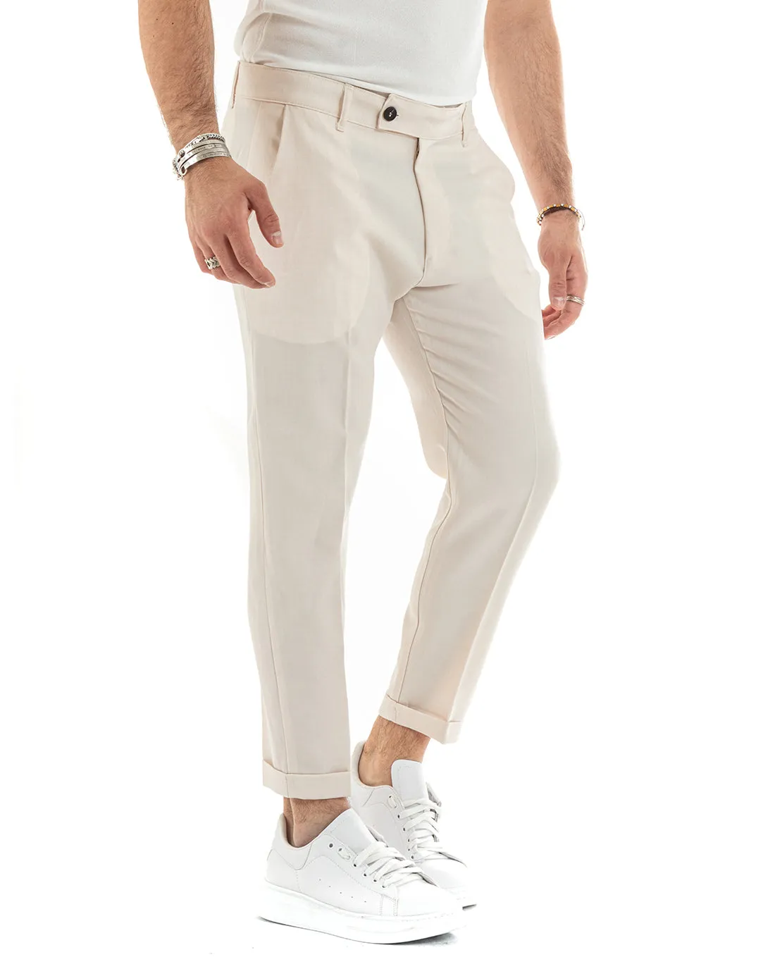 Pantaloni Uomo Tasca America Classico Beige Melangiato Abbottonatura Allungata Casual GIOSAL-P6050A