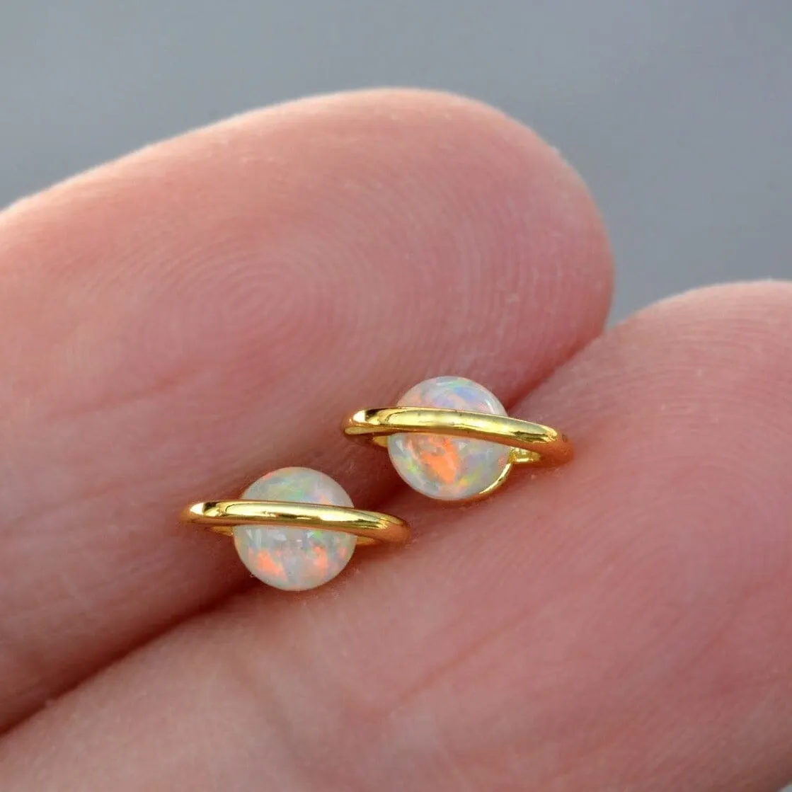 Planet White Fire Opal Zircon Gold-Plated Stud Earrings - 925 Sterling Silver