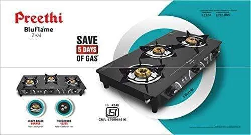 Preethi Zeal Glass 3 Burner Gas Stove (ISI Approved)