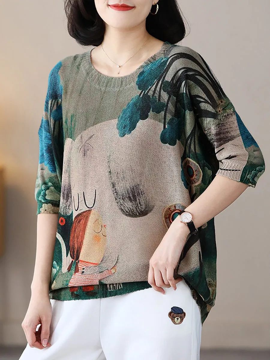 Prints Casual Knit Short Sleeve Women Sweater T Shirt