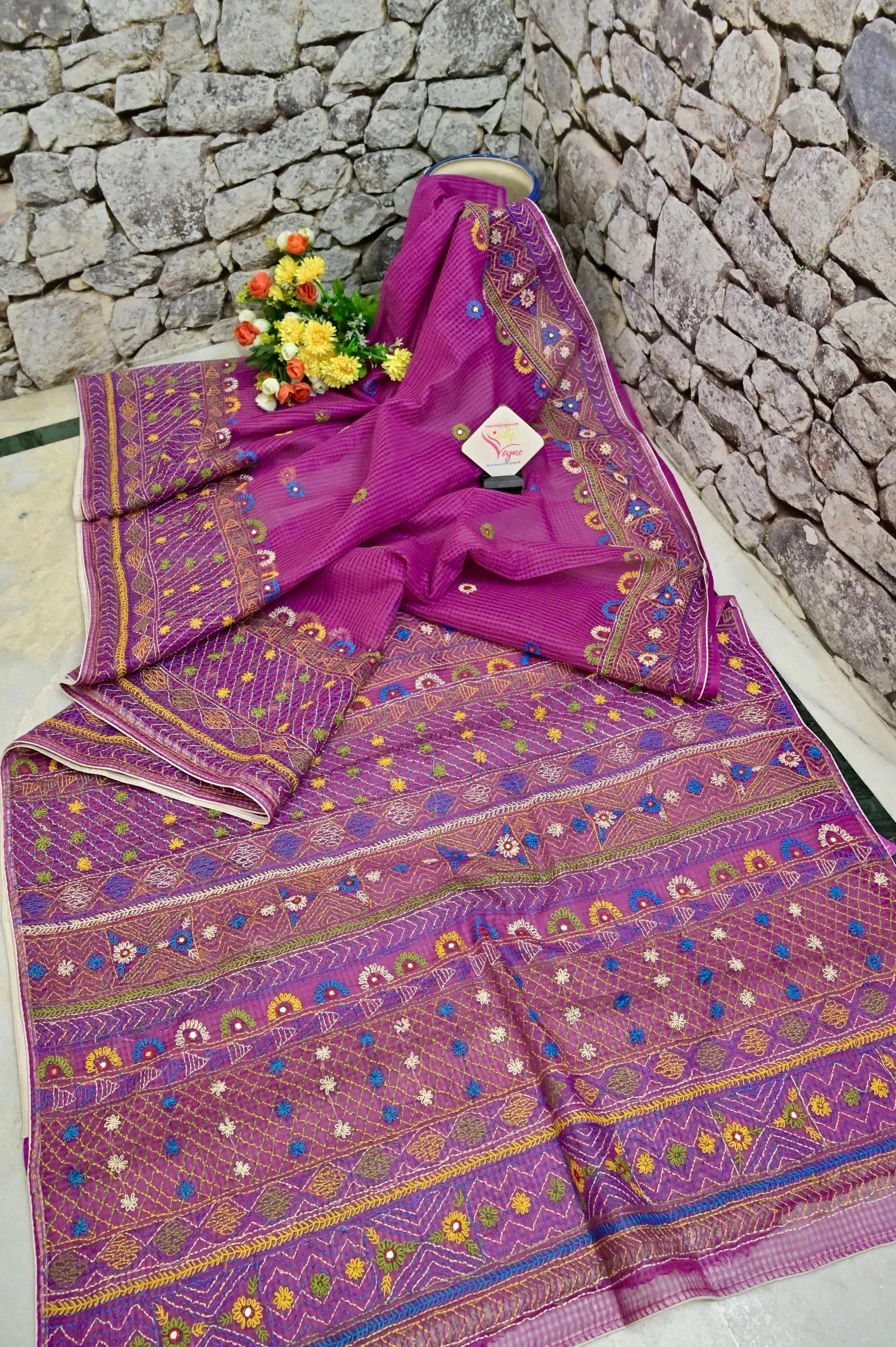 Purple Color Resham Kota Saree with Hand Lambani Embroidery Work and Piping Border