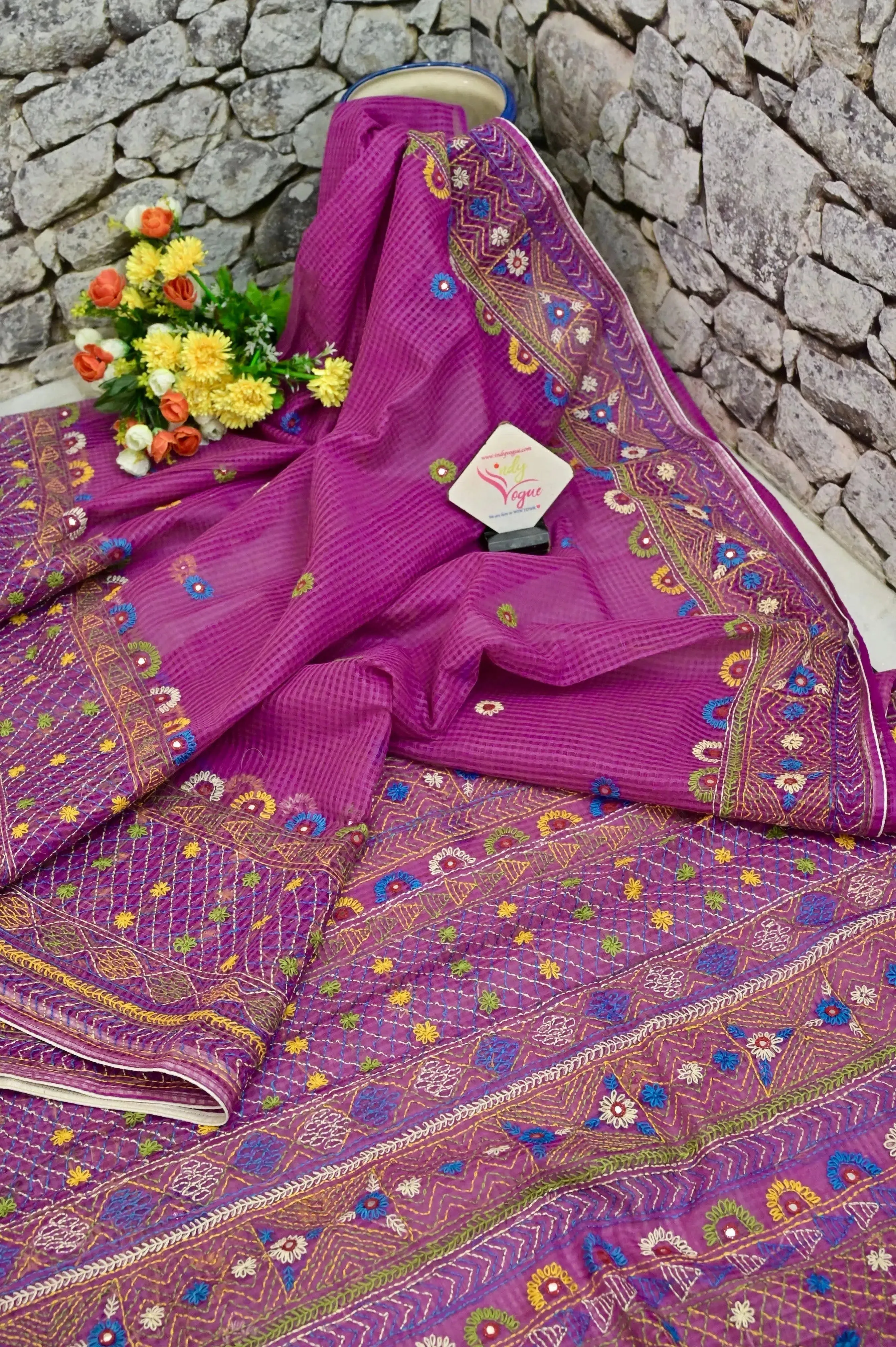 Purple Color Resham Kota Saree with Hand Lambani Embroidery Work and Piping Border