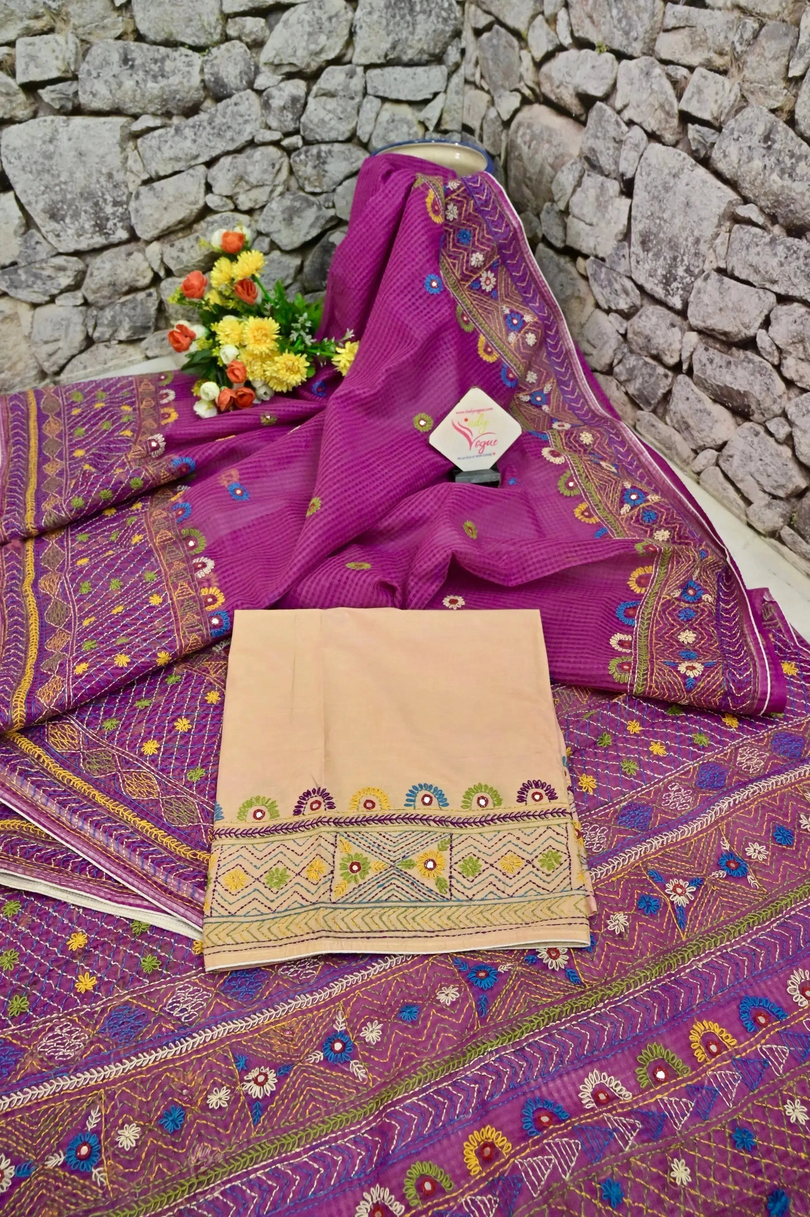 Purple Color Resham Kota Saree with Hand Lambani Embroidery Work and Piping Border