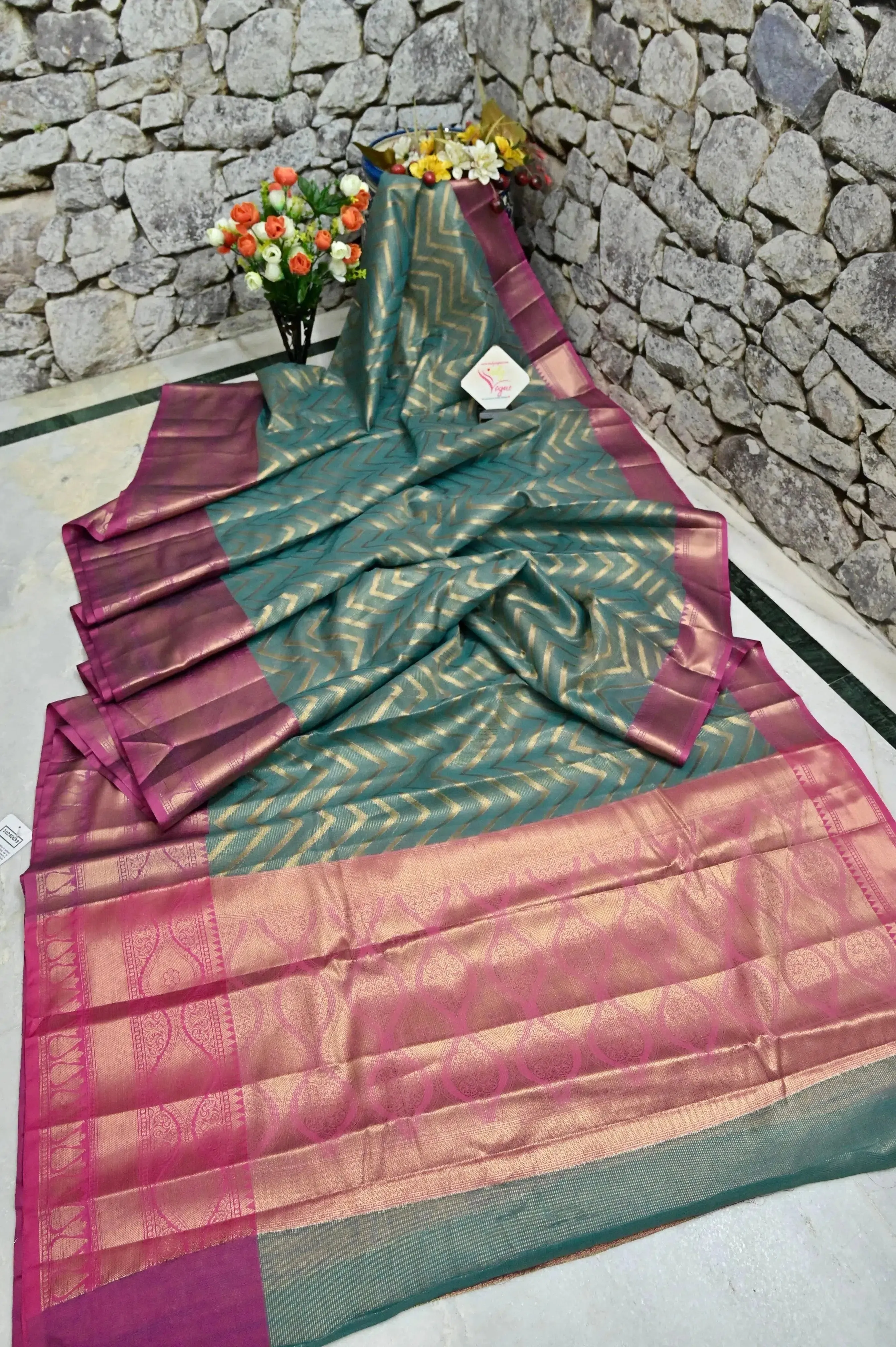 Rama Green Color Tissue Chanderi Banarasi Saree with Allover Jaal Work