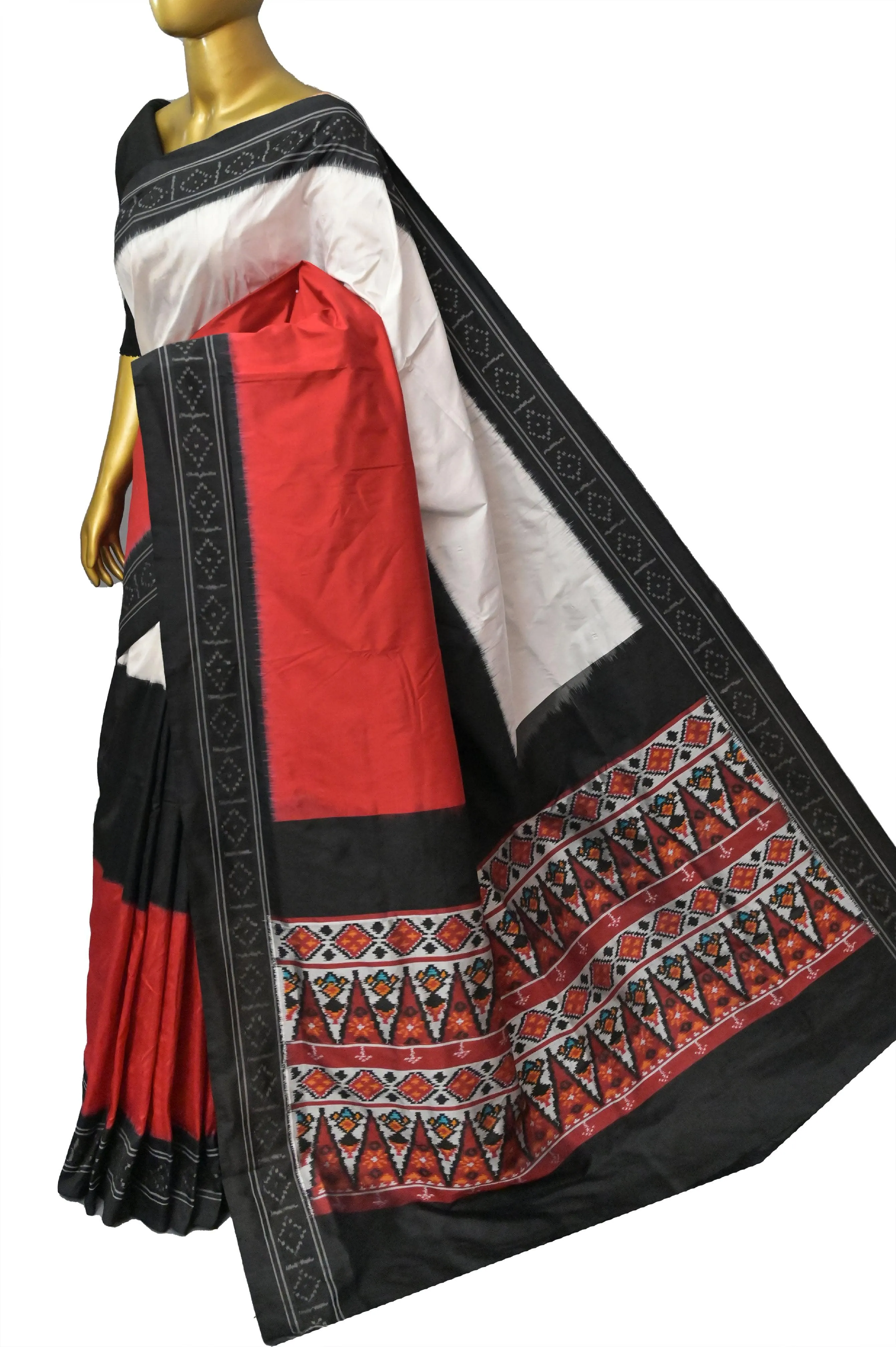 Red and Black Color Ikat Patola with Ikat Weaving on the Border and Pallu