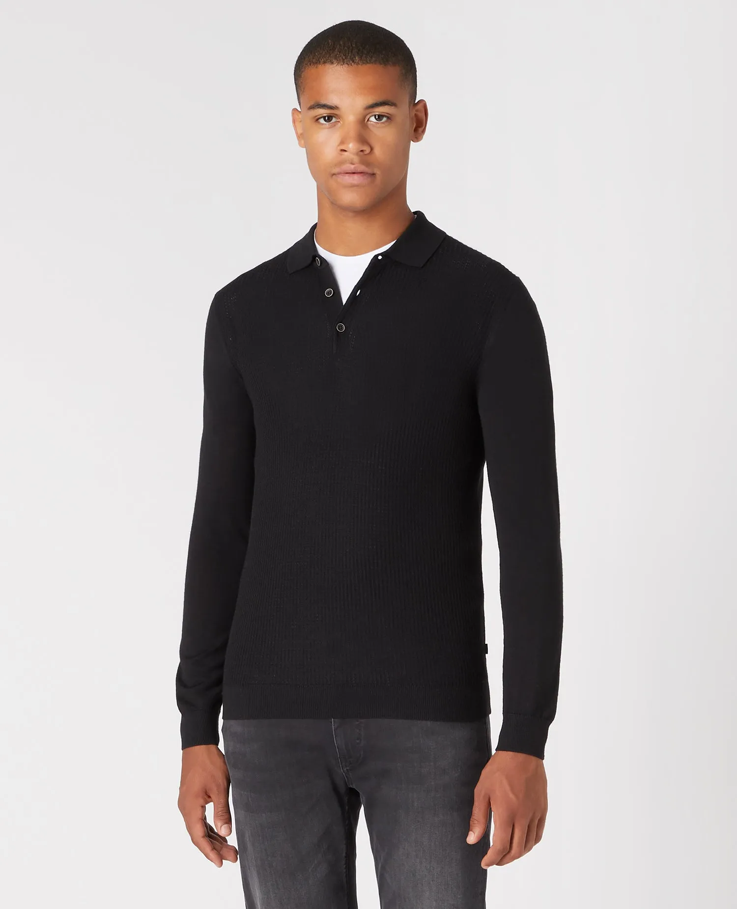 REMUS UOMO Long Sleeve Merino Blend Polo Shirt/Black - New AW22