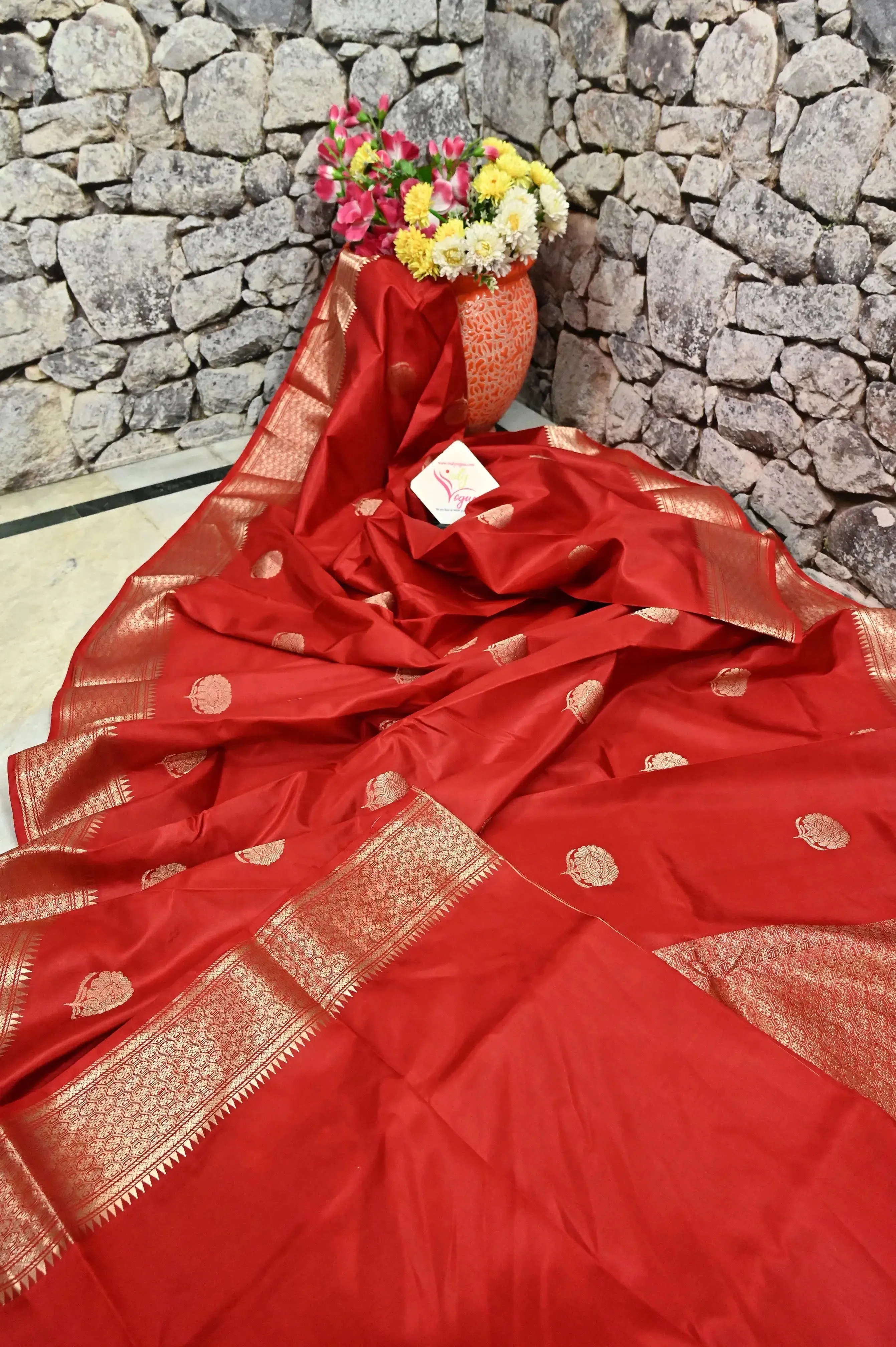 Royal Red Color Pure Swarnachari Silk Saree with Golden Zari Work