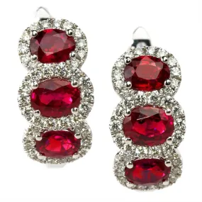 Ruby & Diamond Halo Three Stone Huggy Hoop Earrings