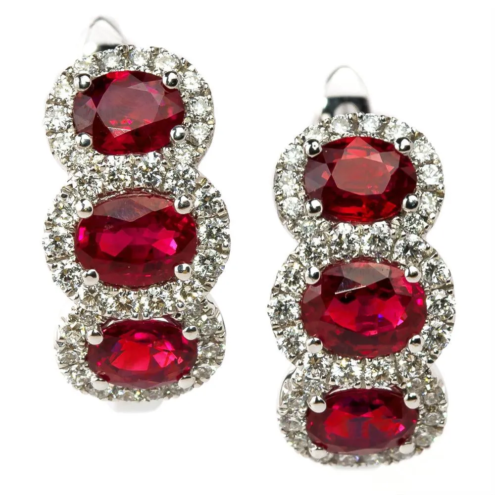 Ruby & Diamond Halo Three Stone Huggy Hoop Earrings