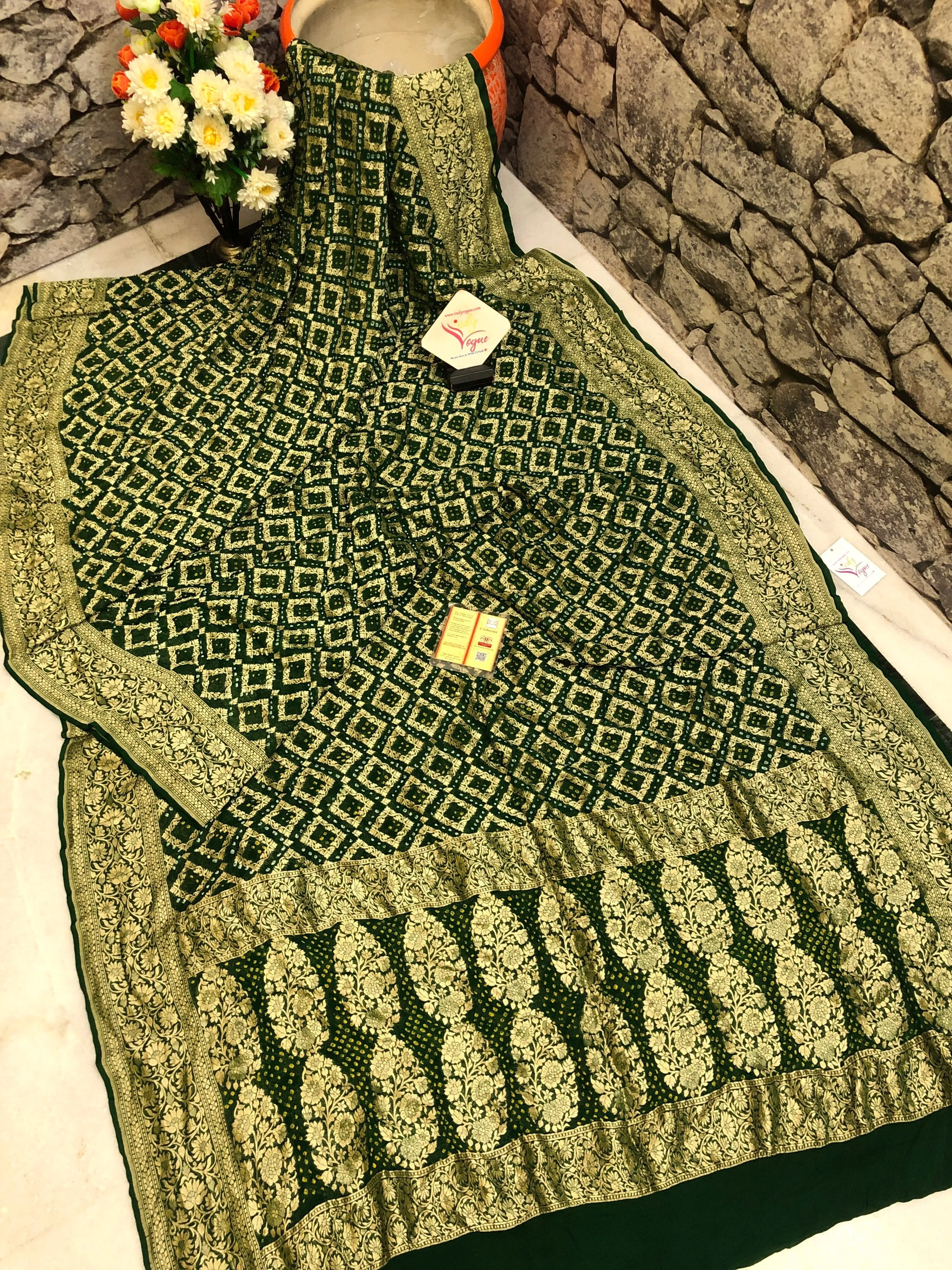 Sacramento Green Color Khaddi Georgette Banarasi Saree with Neem Zari Work and Hand Bandhani